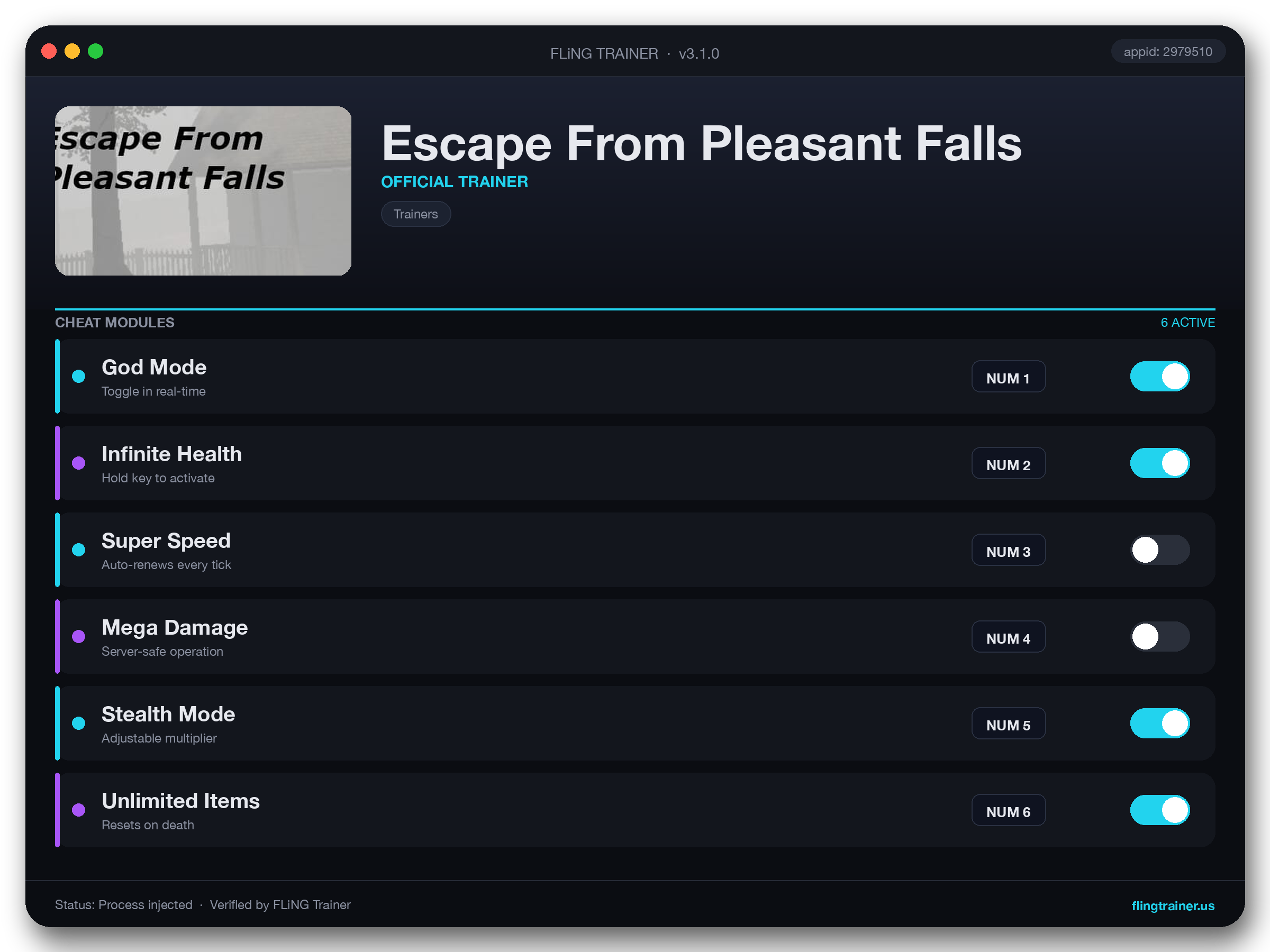 Escape From Pleasant Falls Trainer interface