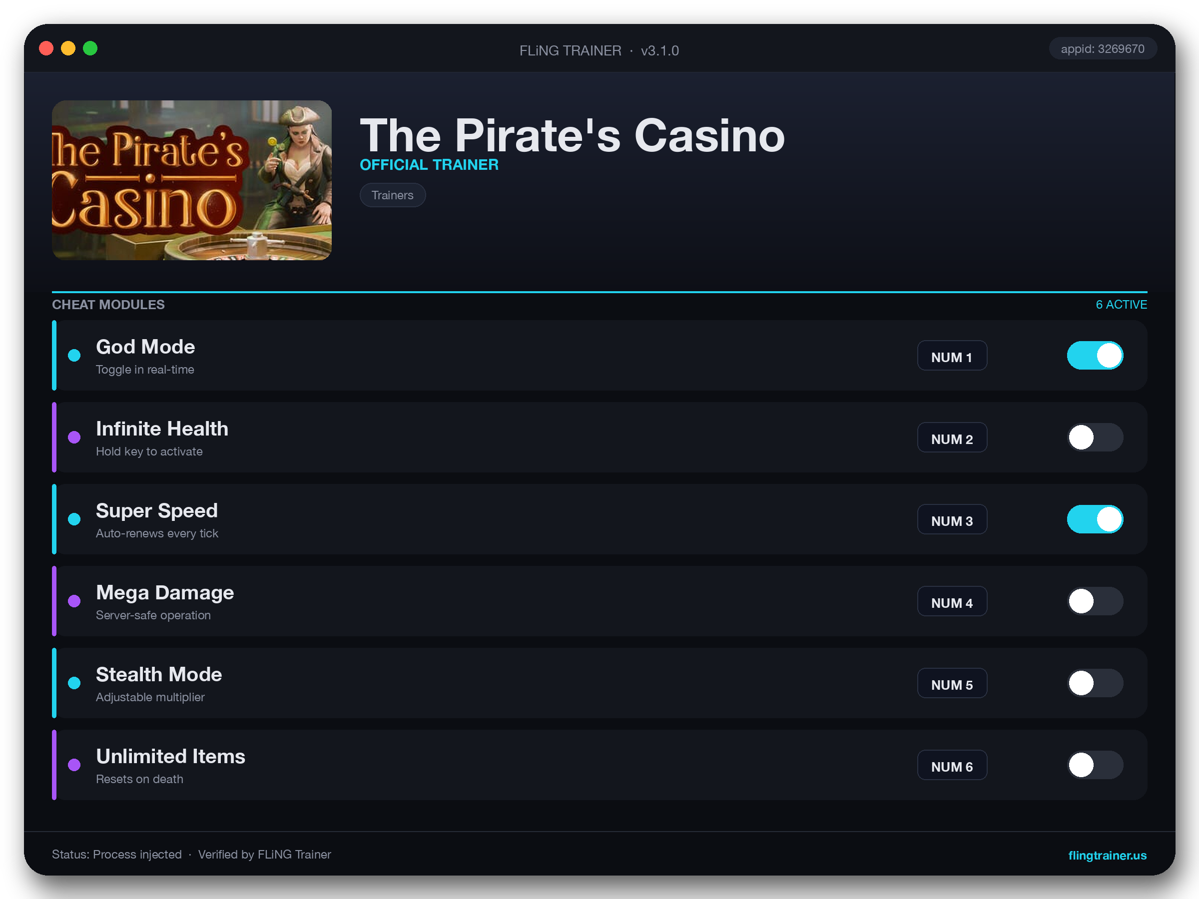 The Pirate's Casino Trainer interface