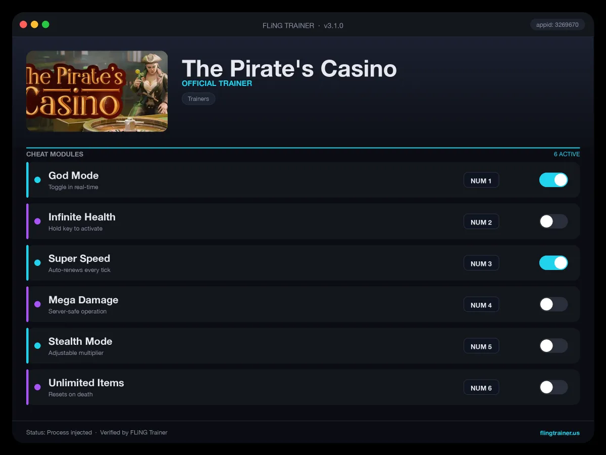 The Pirate's Casino Trainer interface