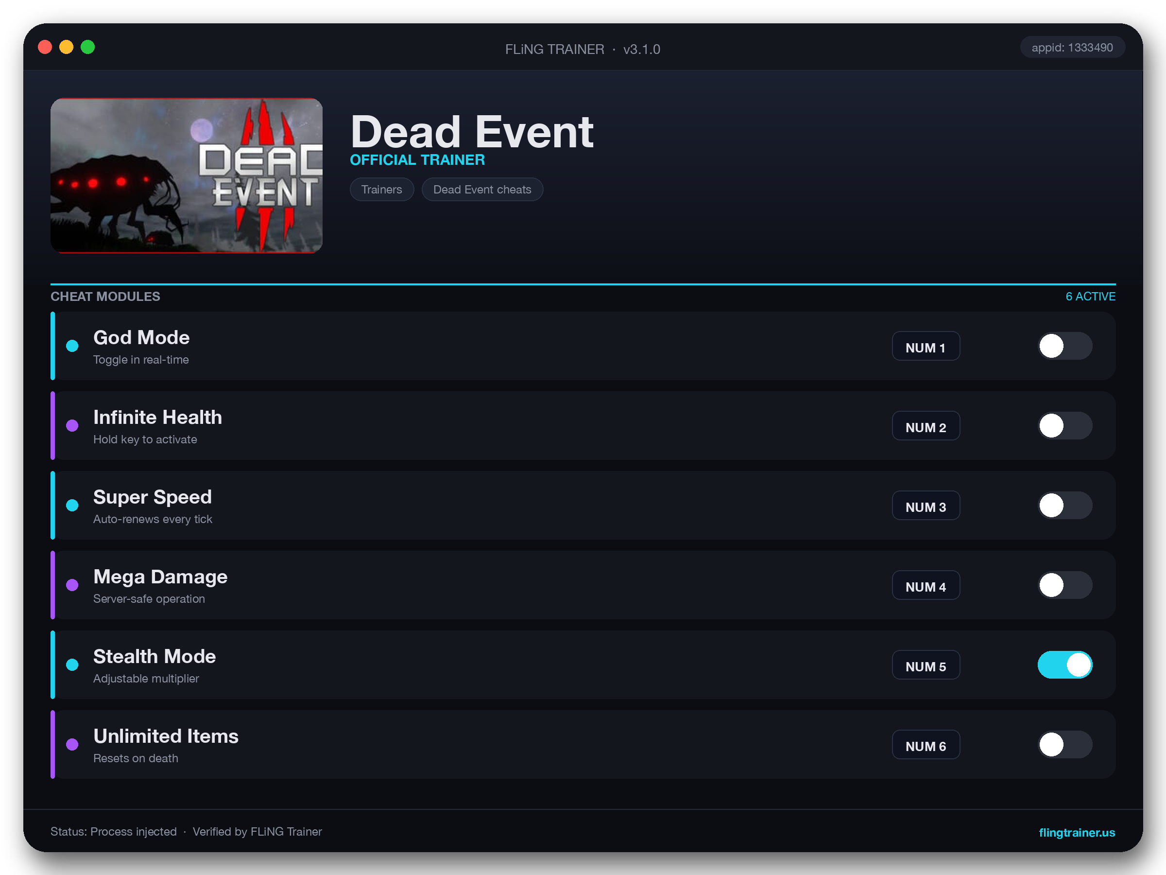 Dead Event Trainer interface