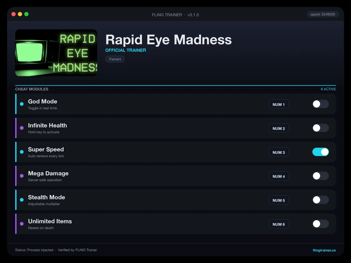 Rapid Eye Madness Trainer interface