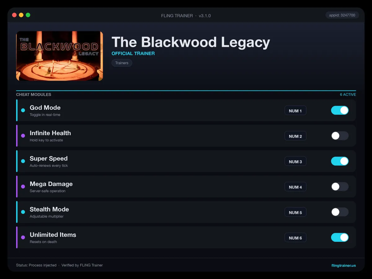 The Blackwood Legacy Trainer interface