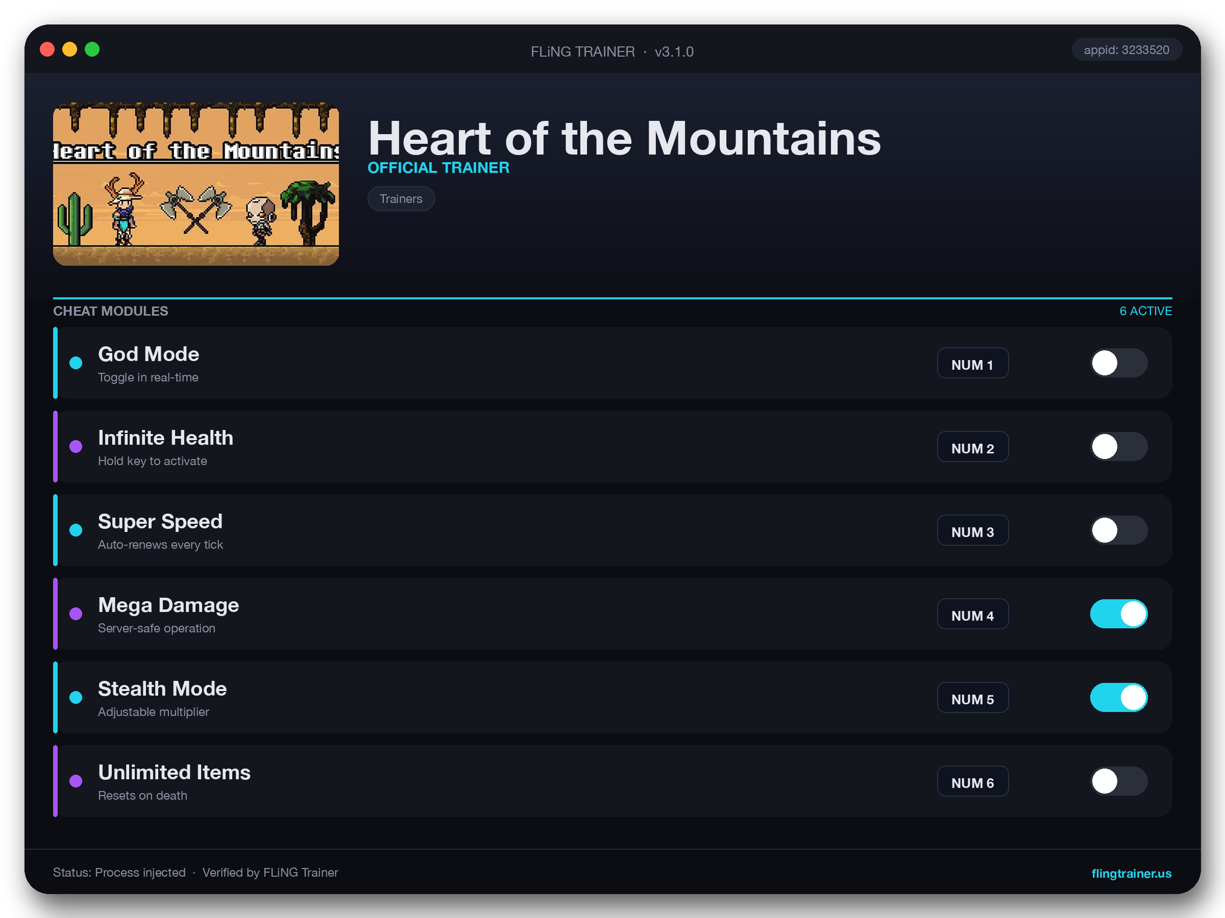 Heart of the Mountains Trainer interface