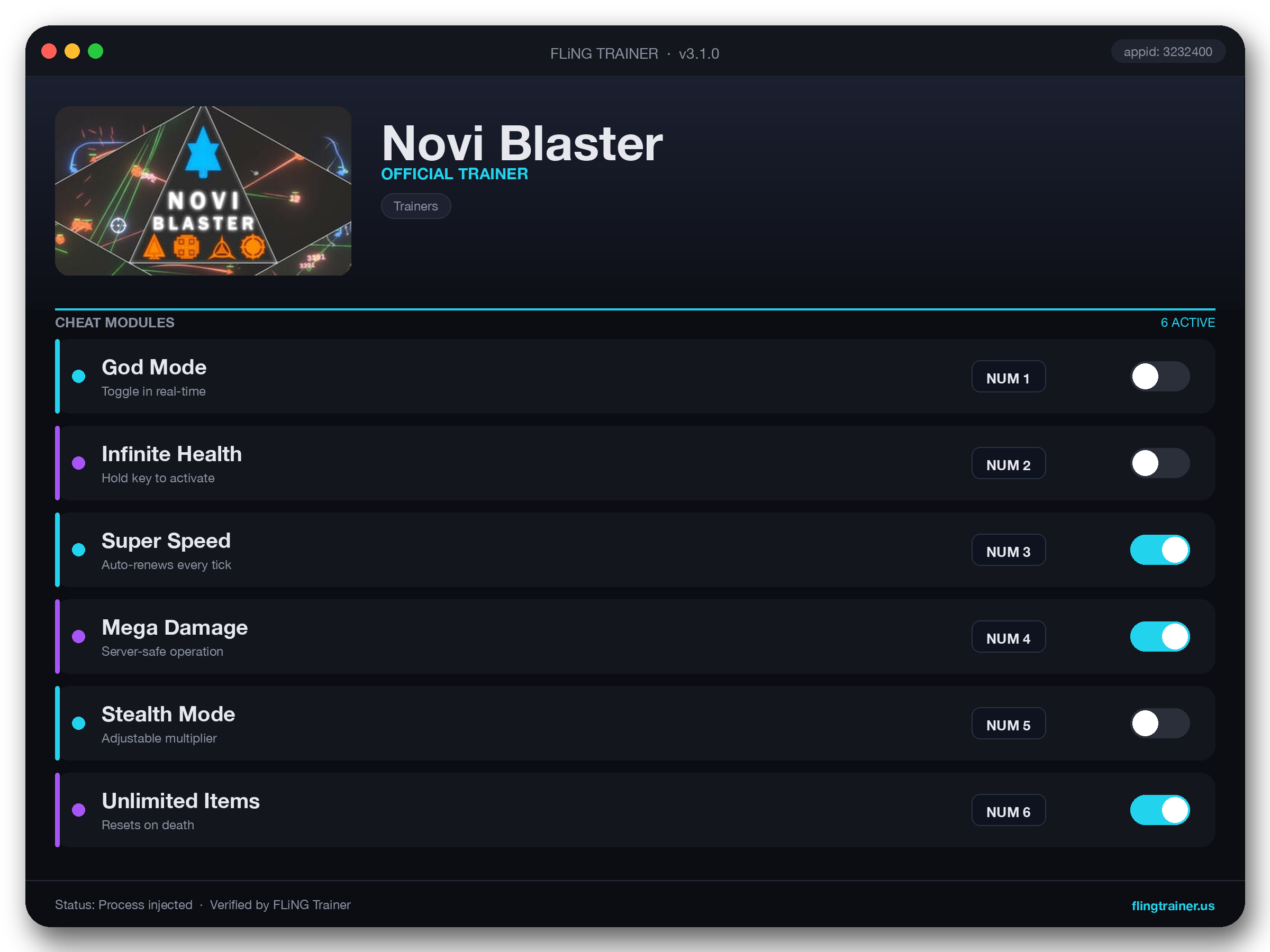 Novi Blaster Trainer interface