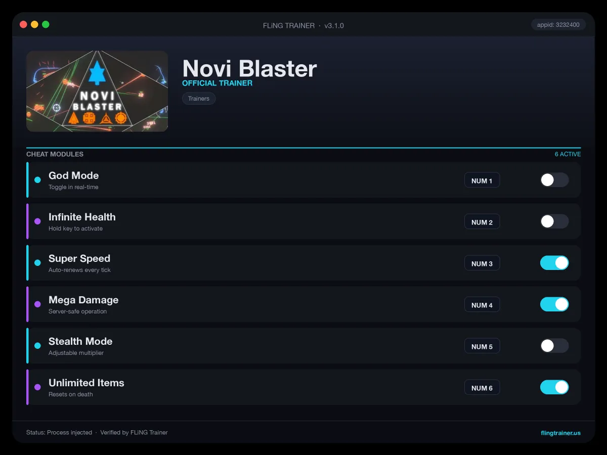 Novi Blaster Trainer interface