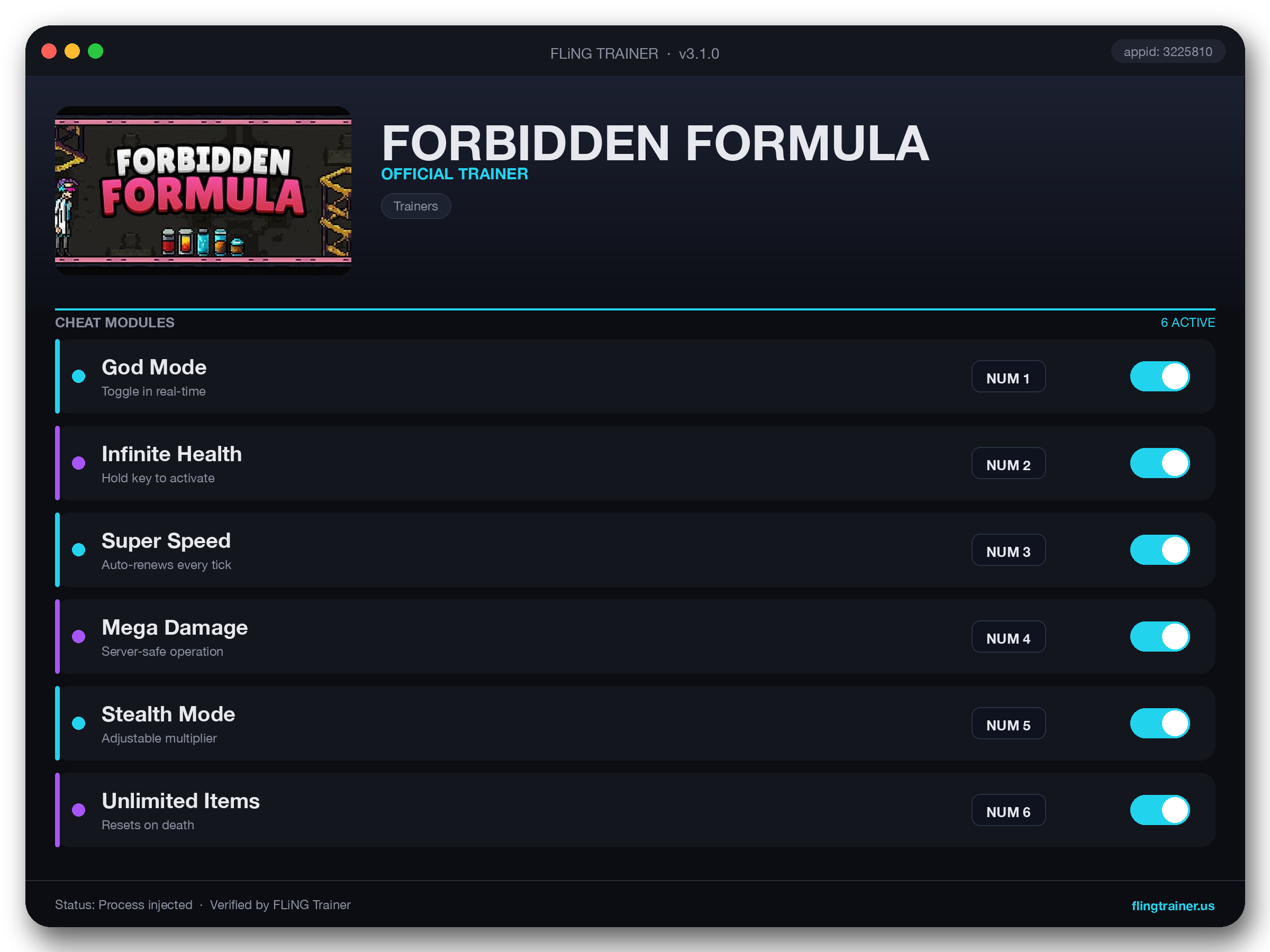 FORBIDDEN FORMULA Trainer interface