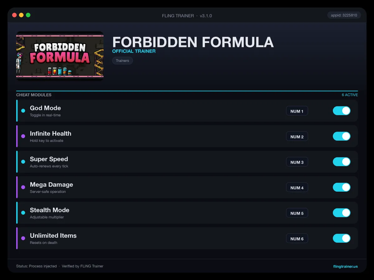 FORBIDDEN FORMULA Trainer interface