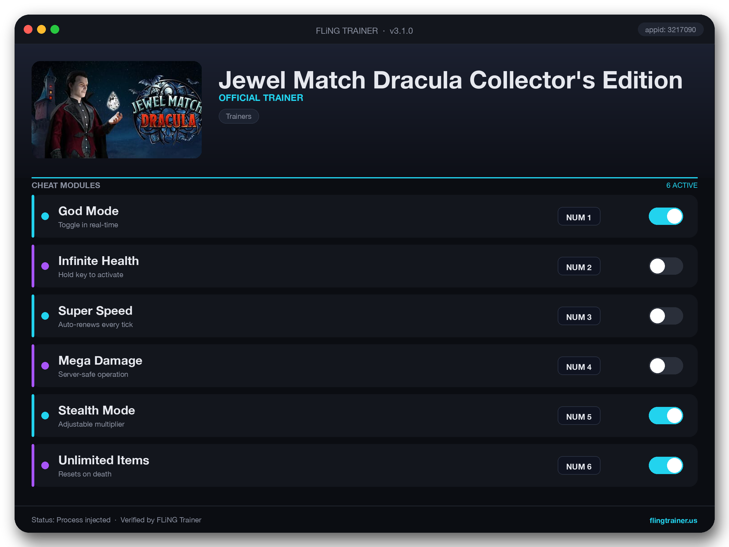 Jewel Match Dracula Collector's Edition Trainer interface
