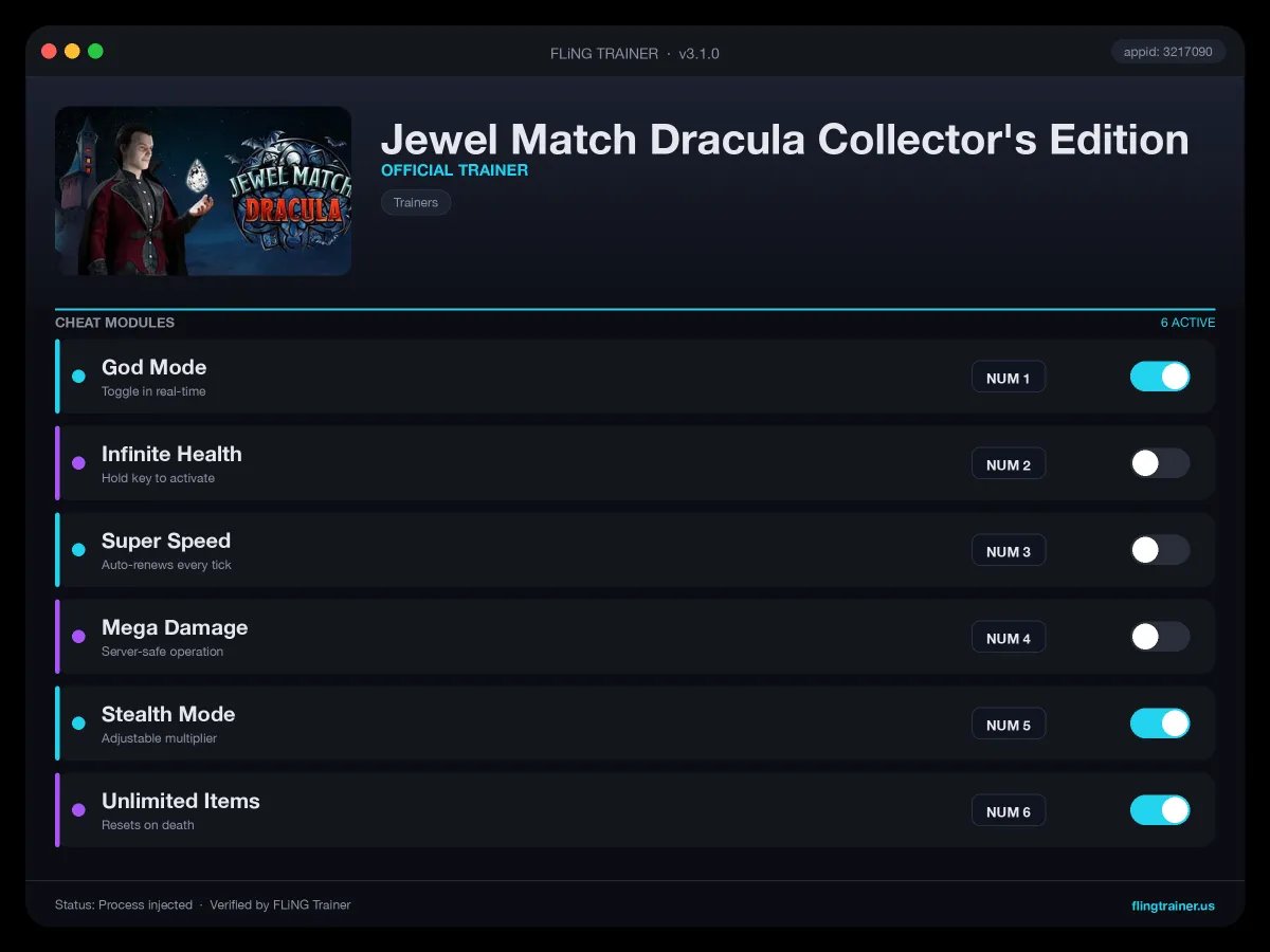 Jewel Match Dracula Collector's Edition Trainer interface