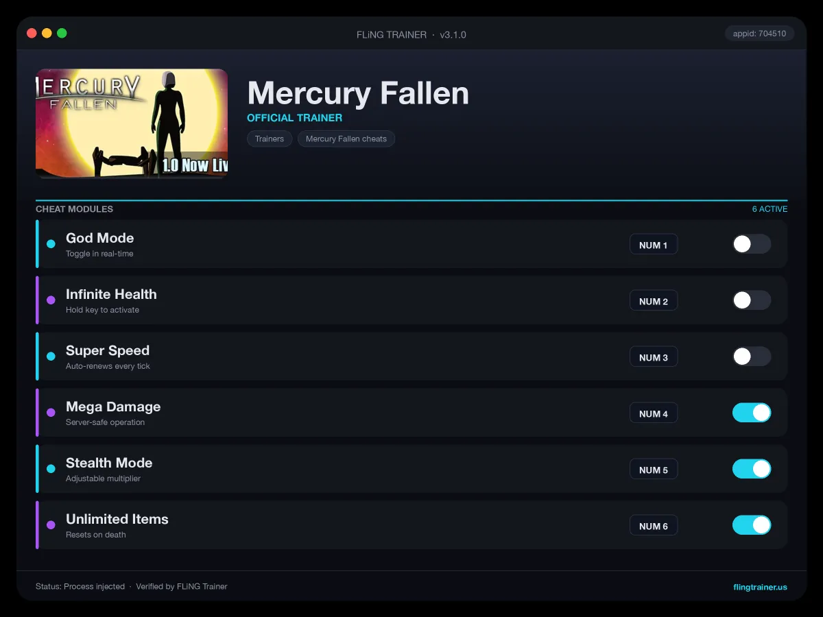 Mercury Fallen Trainer interface