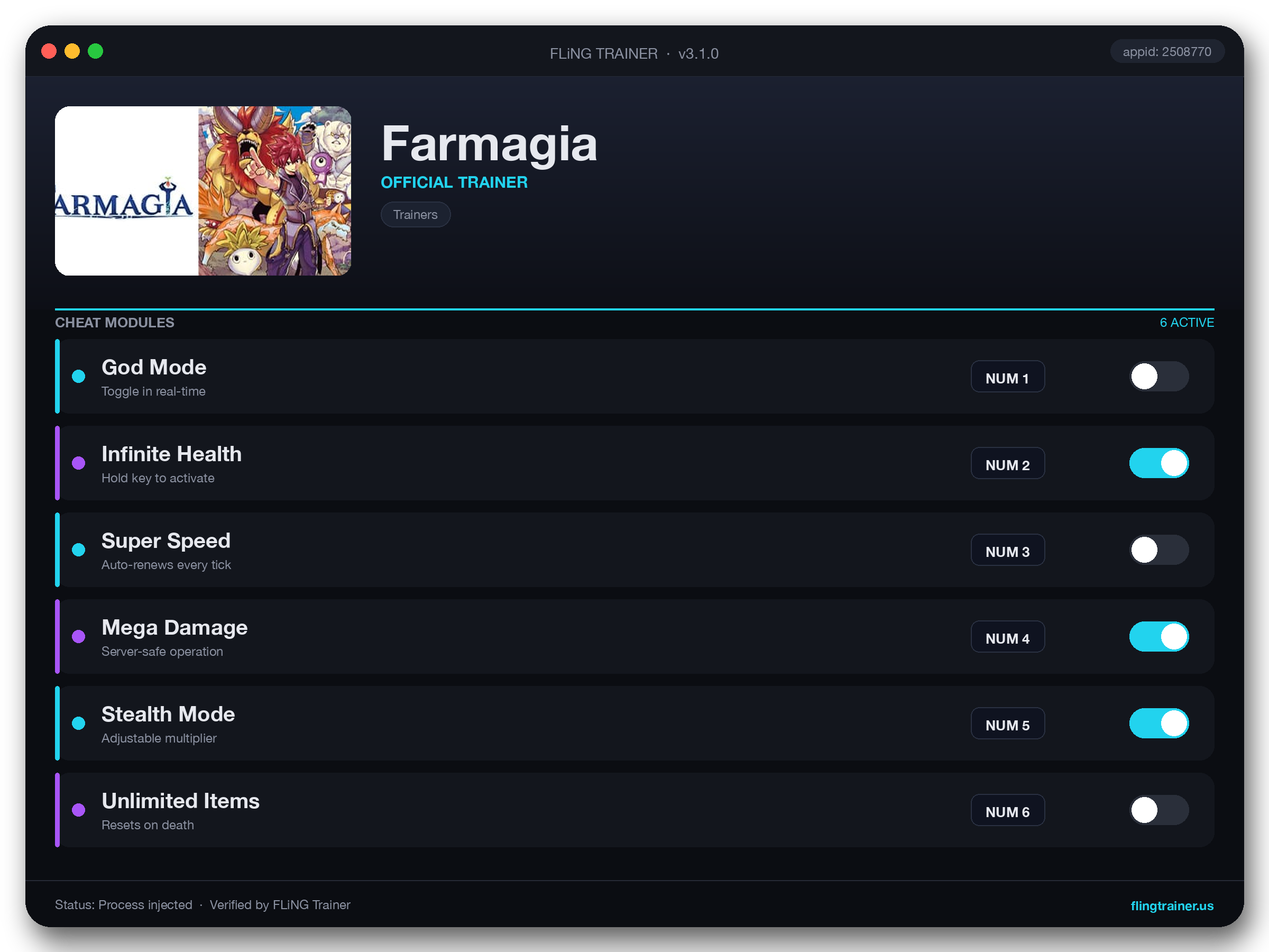 Farmagia Trainer interface