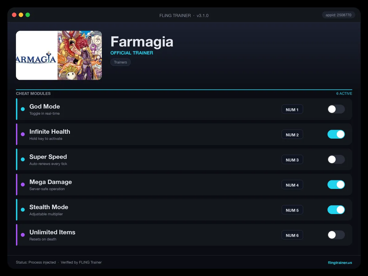 Farmagia Trainer interface