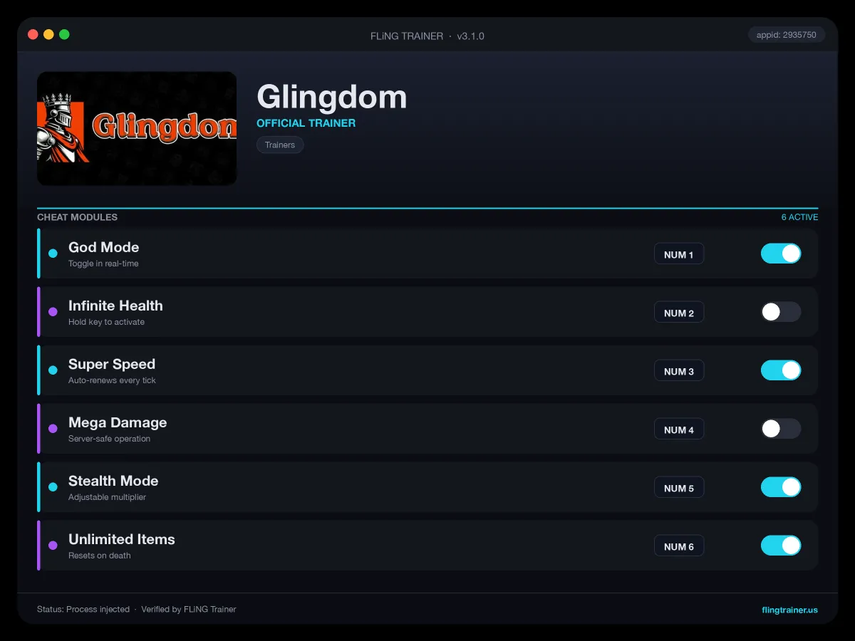 Glingdom Trainer interface