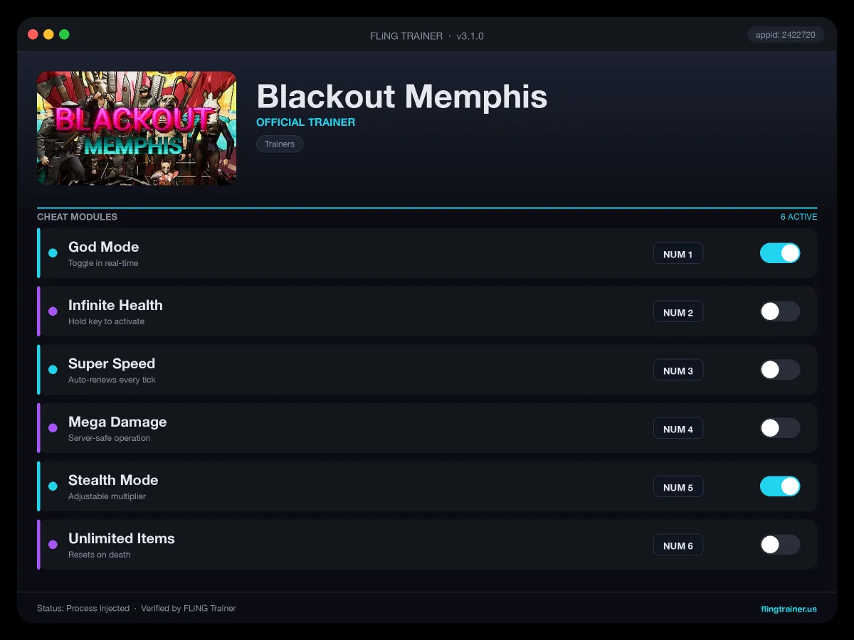Blackout Memphis Trainer interface