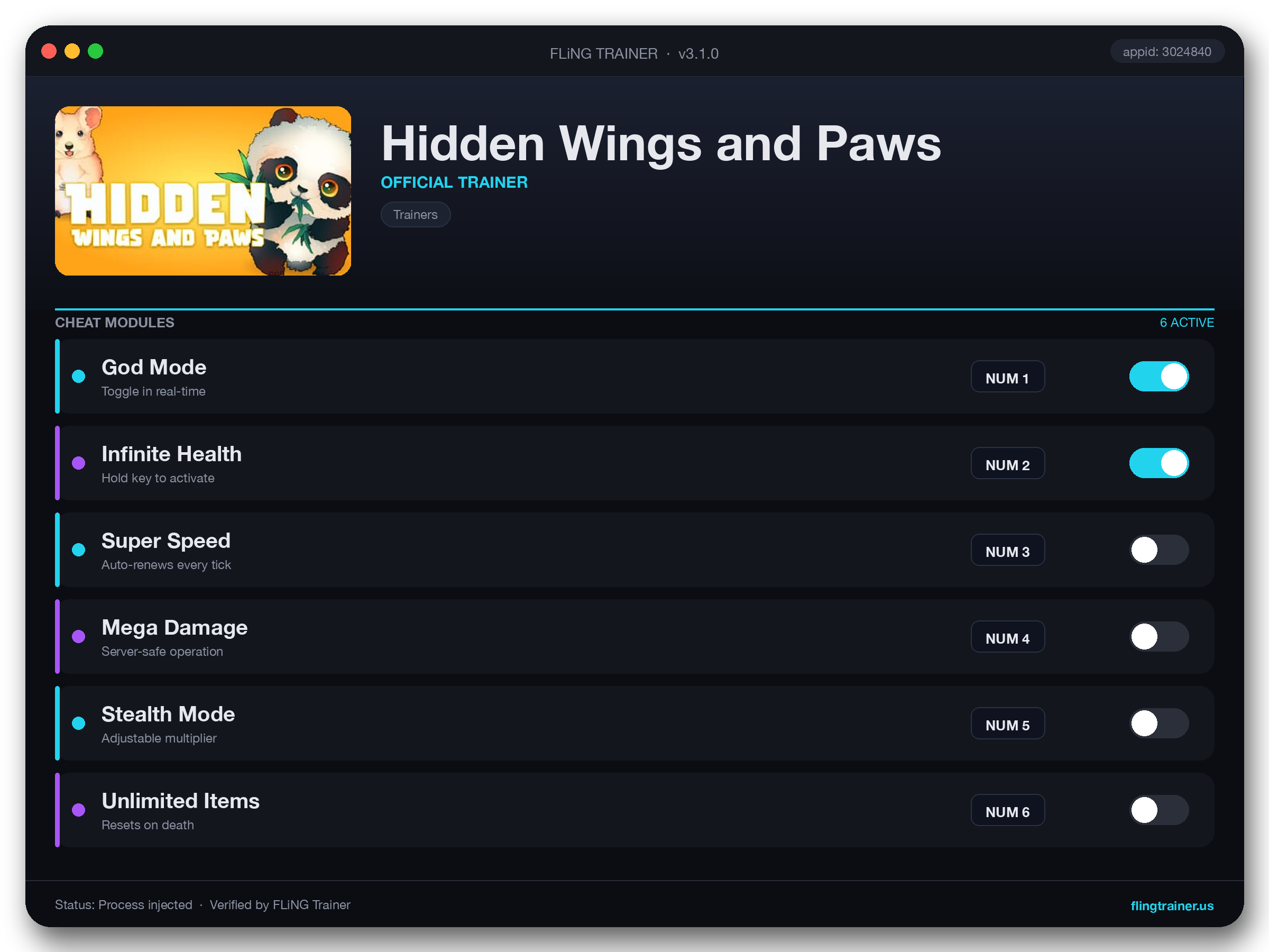 Hidden Wings and Paws Trainer interface