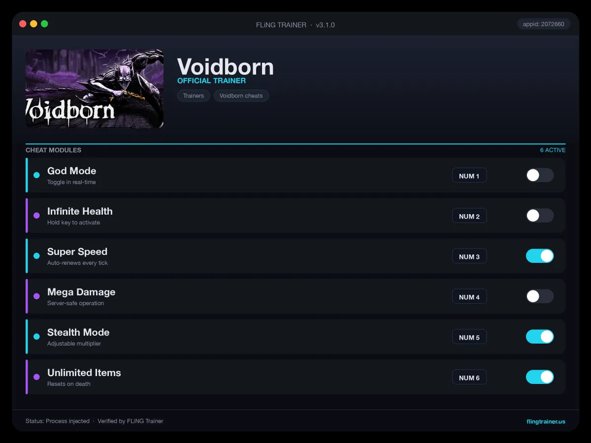 Voidborn Trainer interface