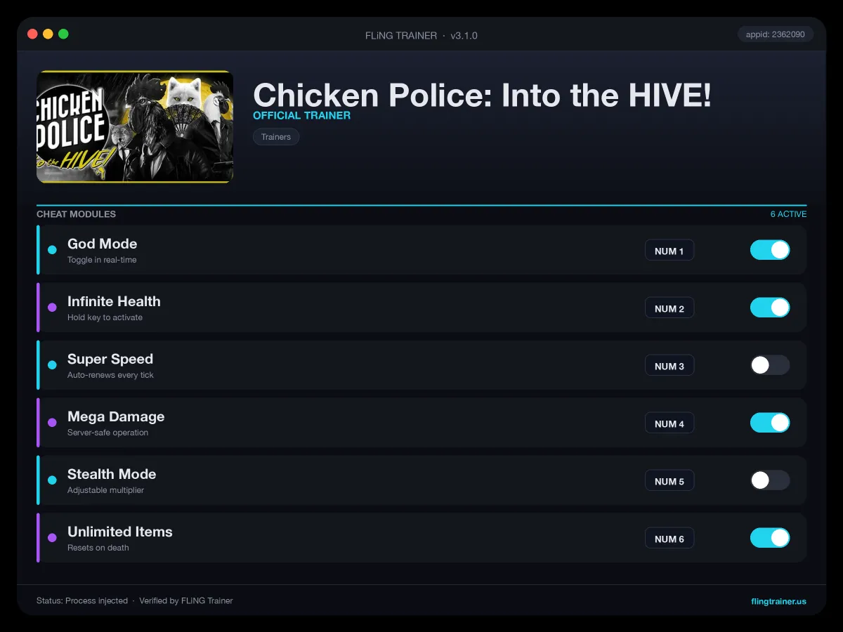 Chicken Police: Into the HIVE! Trainer interface