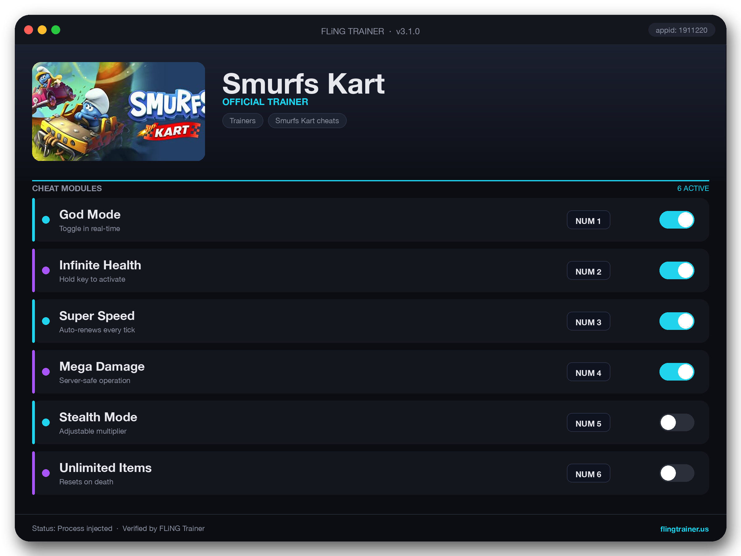 Smurfs Kart Trainer interface