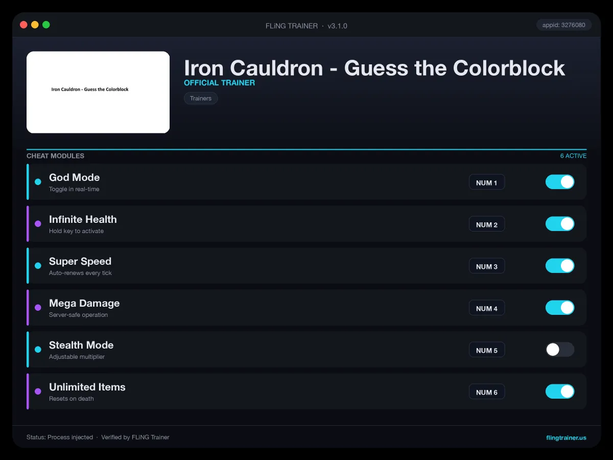 Iron Cauldron - Guess the Colorblock Trainer interface