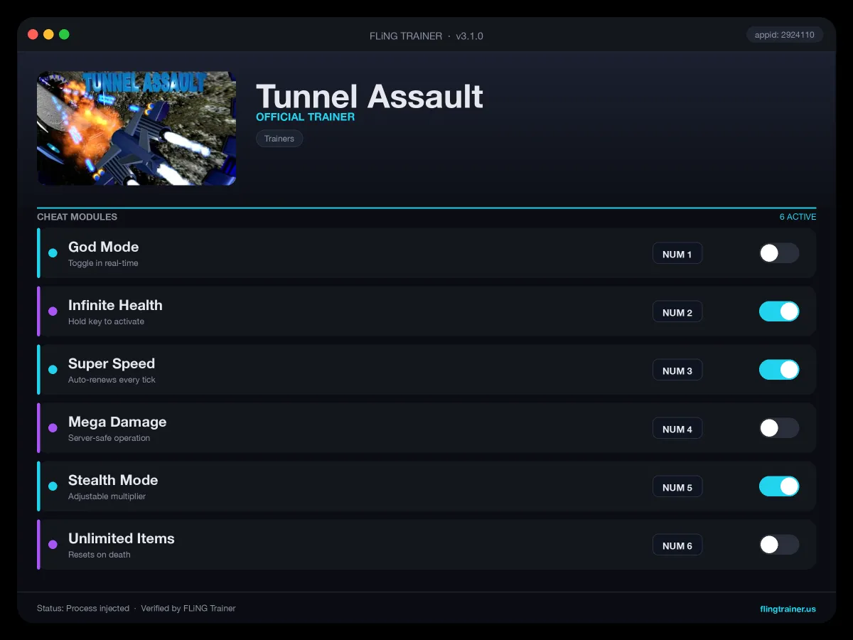 Tunnel Assault Trainer interface