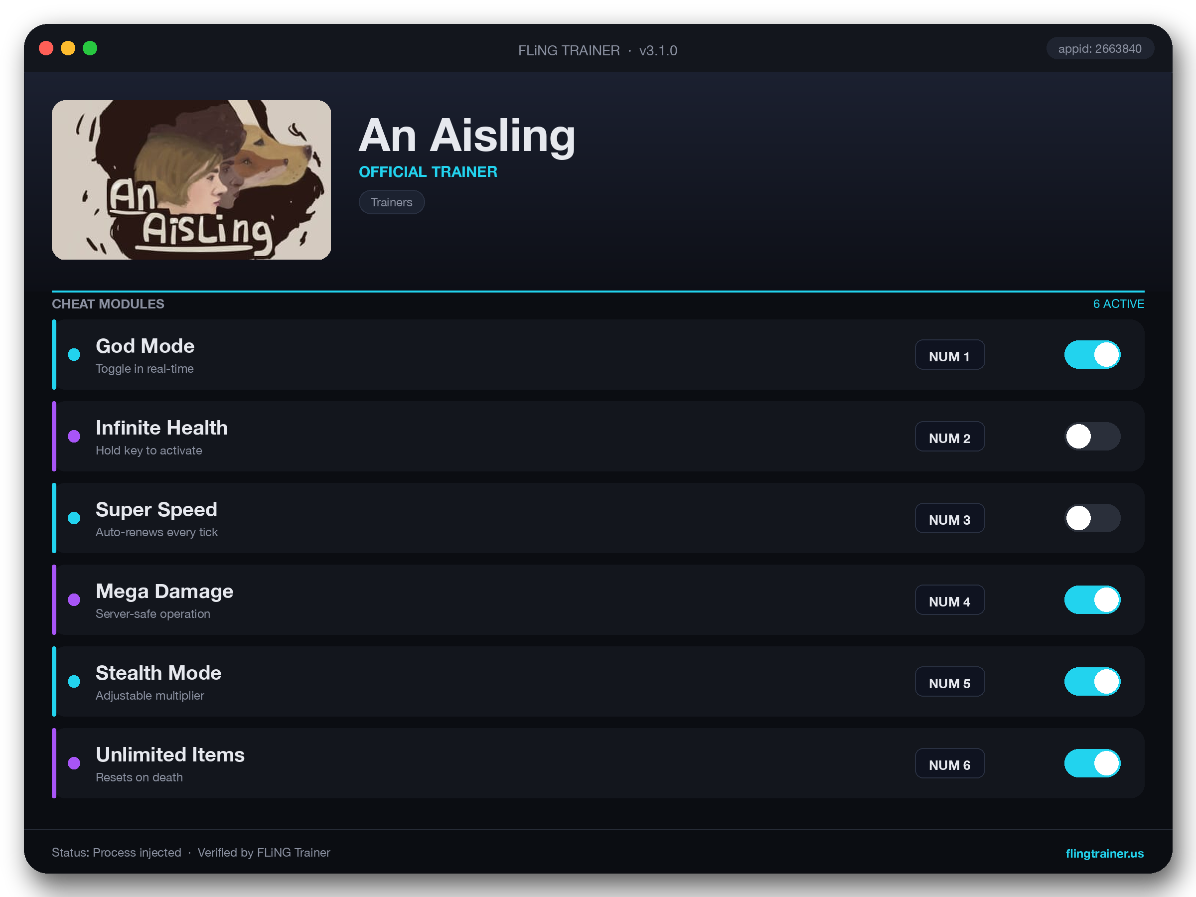 An Aisling Trainer interface