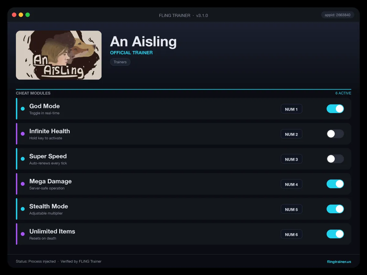 An Aisling Trainer interface