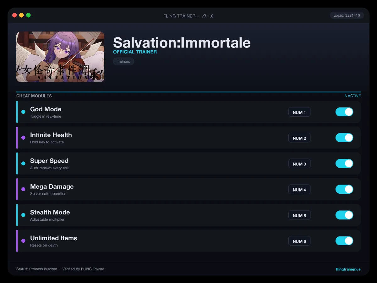 Salvation:Immortale Trainer interface