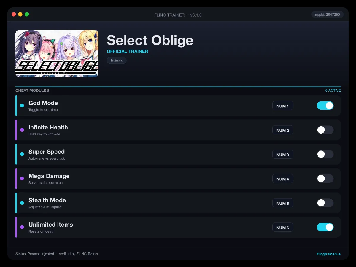 Select Oblige Trainer interface