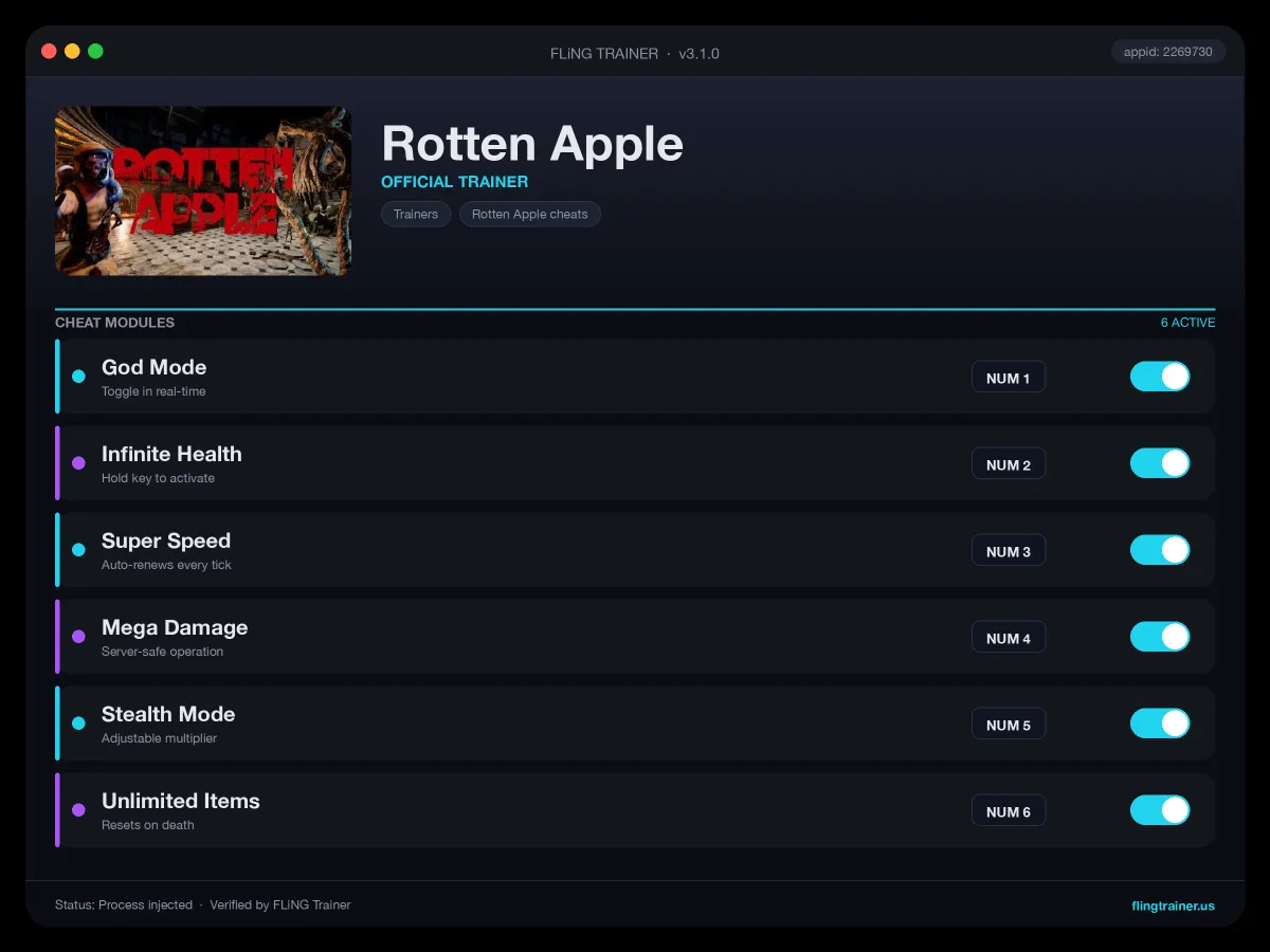 Rotten Apple Trainer interface