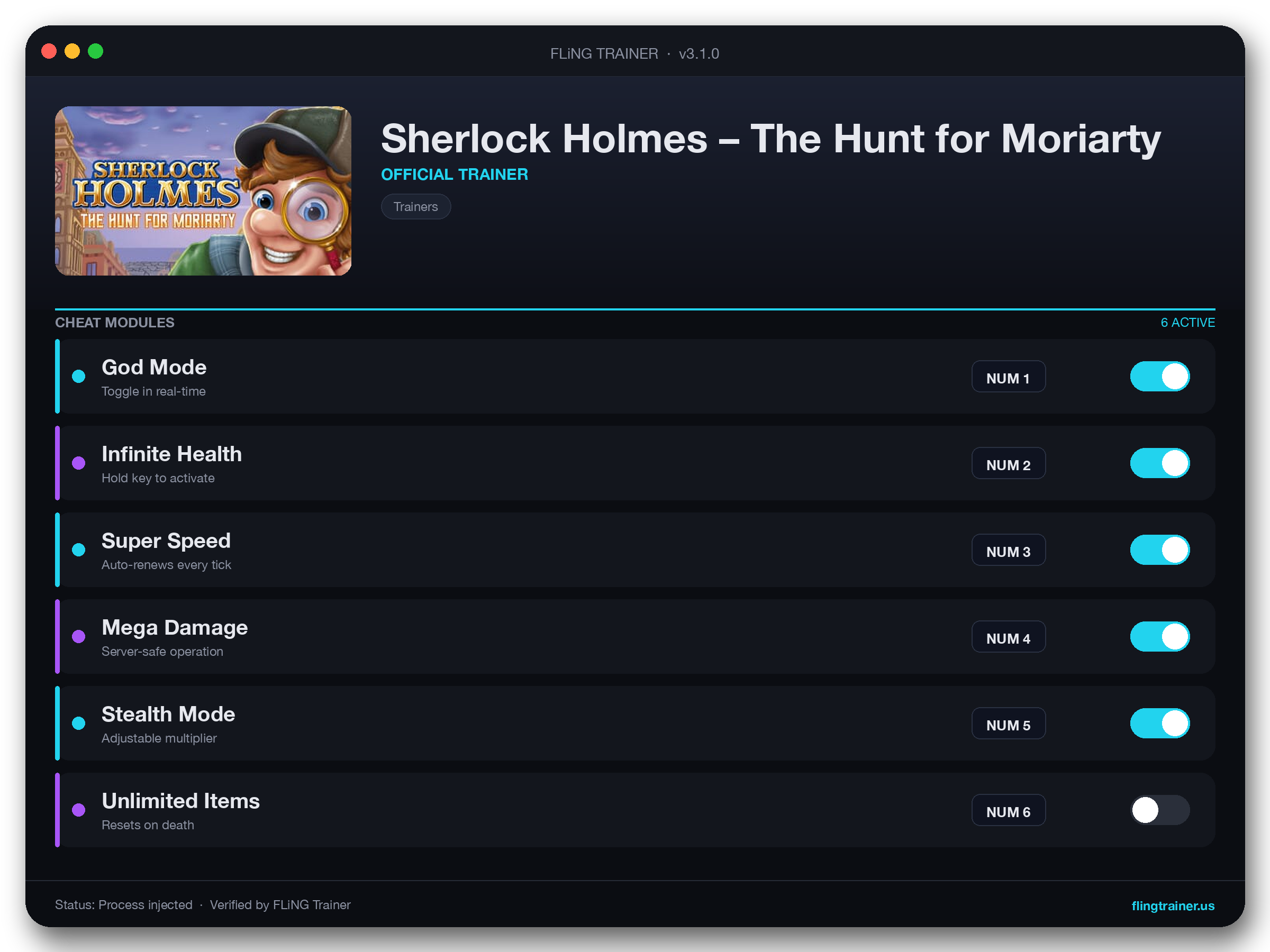 Sherlock Holmes – The Hunt for Moriarty Trainer interface