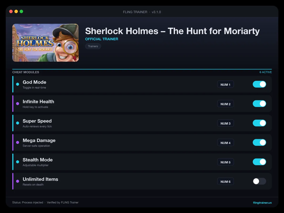 Sherlock Holmes – The Hunt for Moriarty Trainer interface