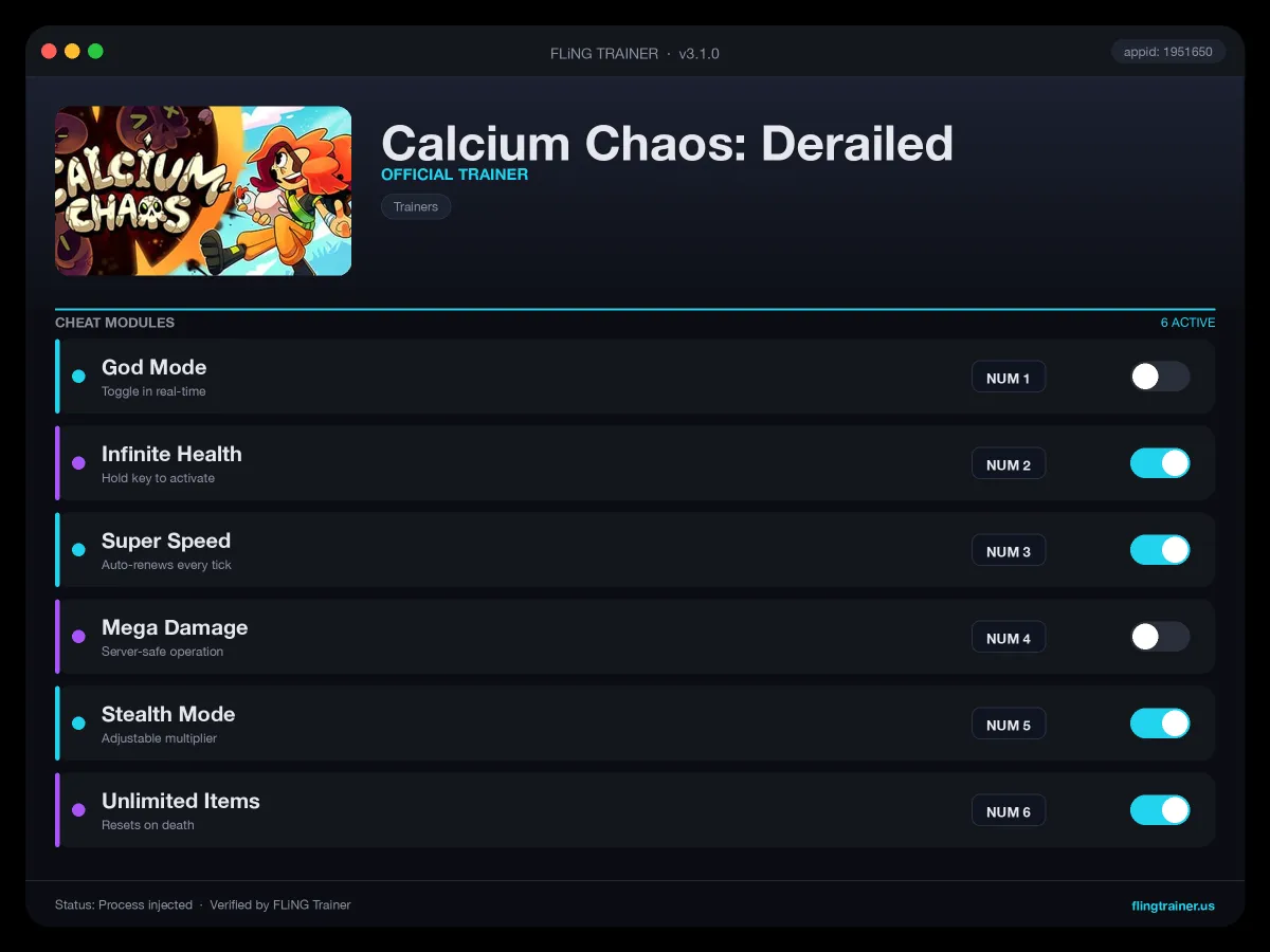 Calcium Chaos: Derailed Trainer interface