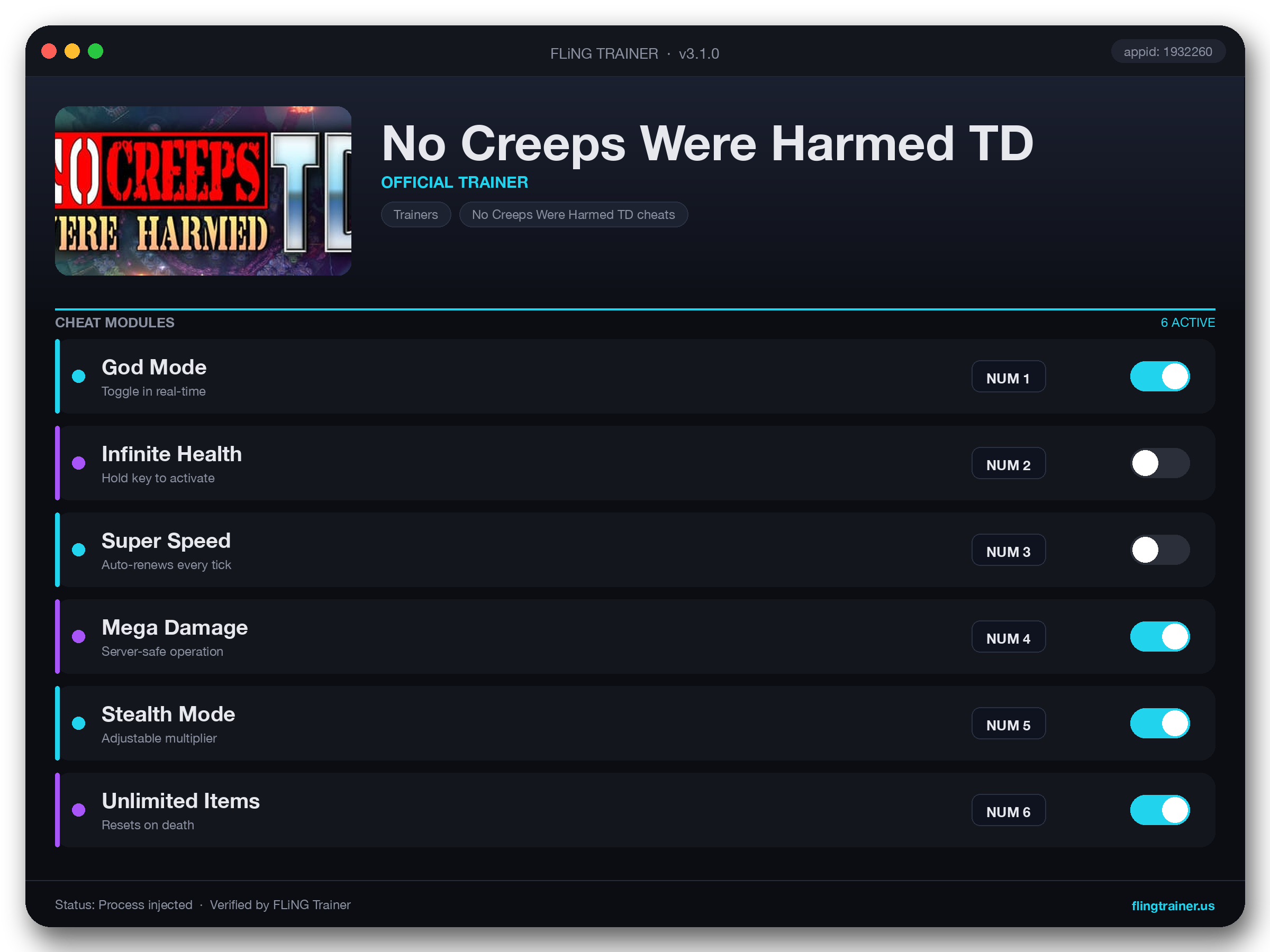 No Creeps Were Harmed TD Trainer interface