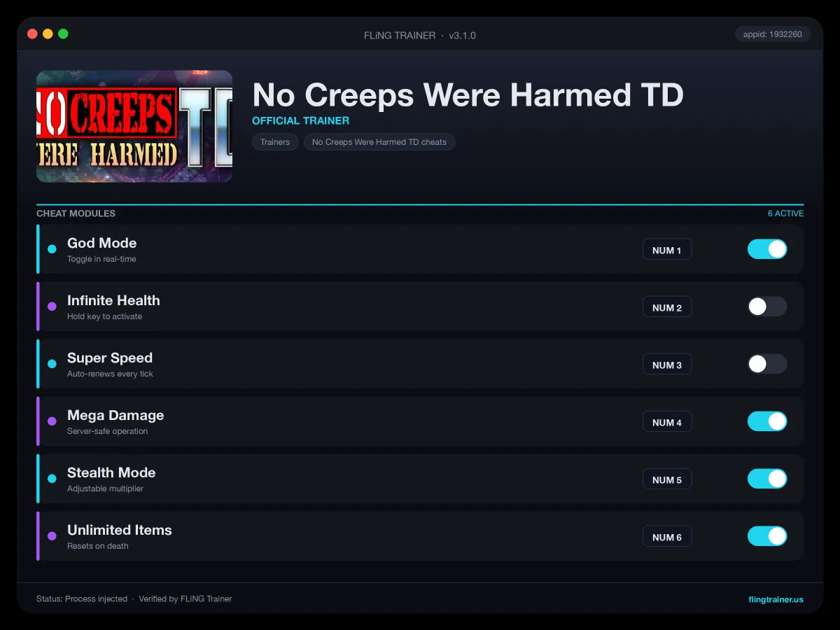No Creeps Were Harmed TD Trainer interface