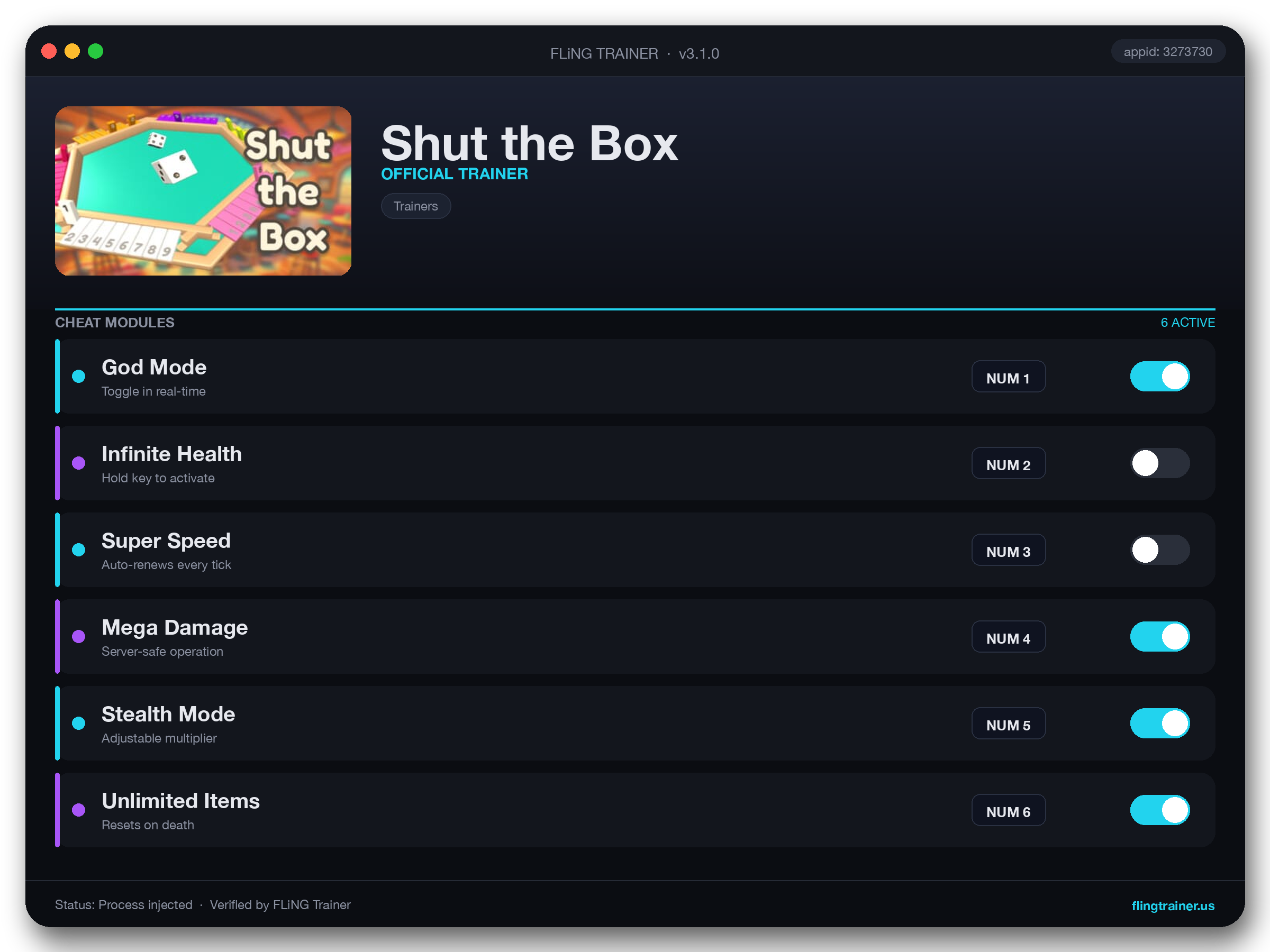 Shut the Box Trainer interface