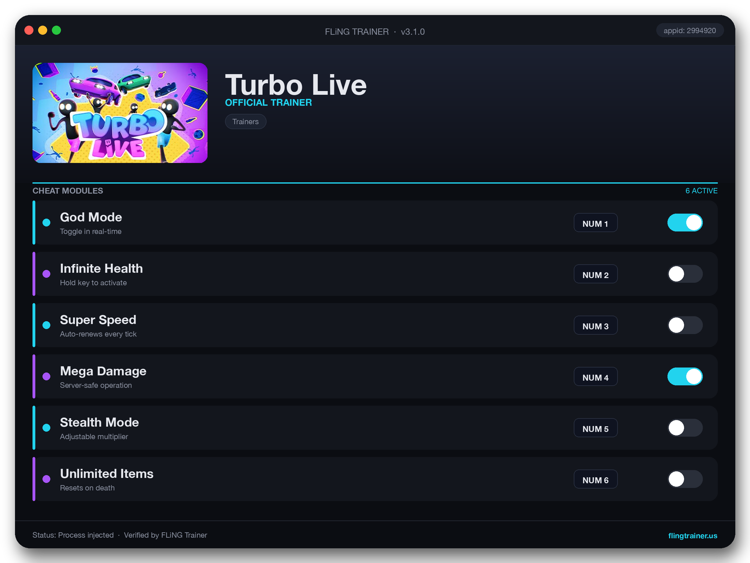 Turbo Live Trainer interface