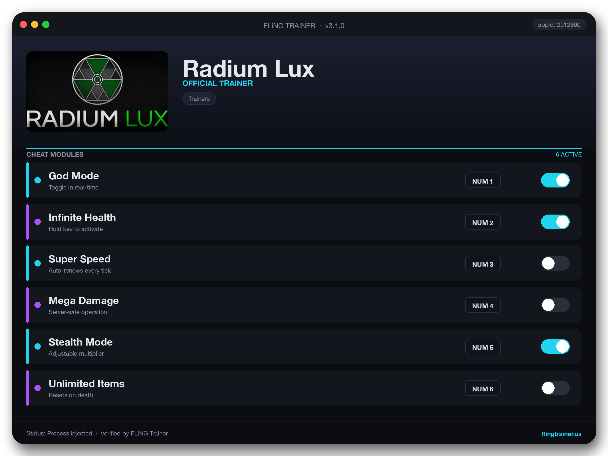 Radium Lux Trainer interface