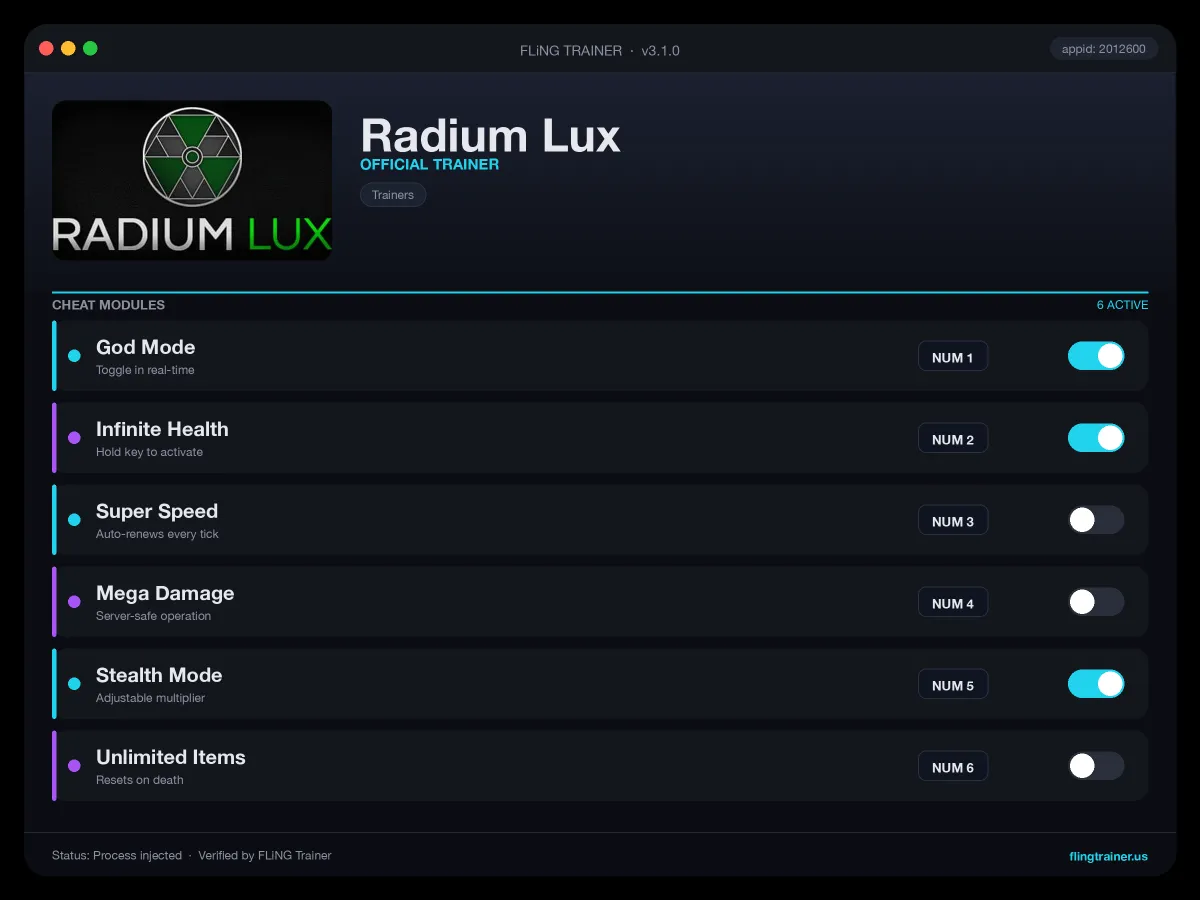 Radium Lux Trainer interface