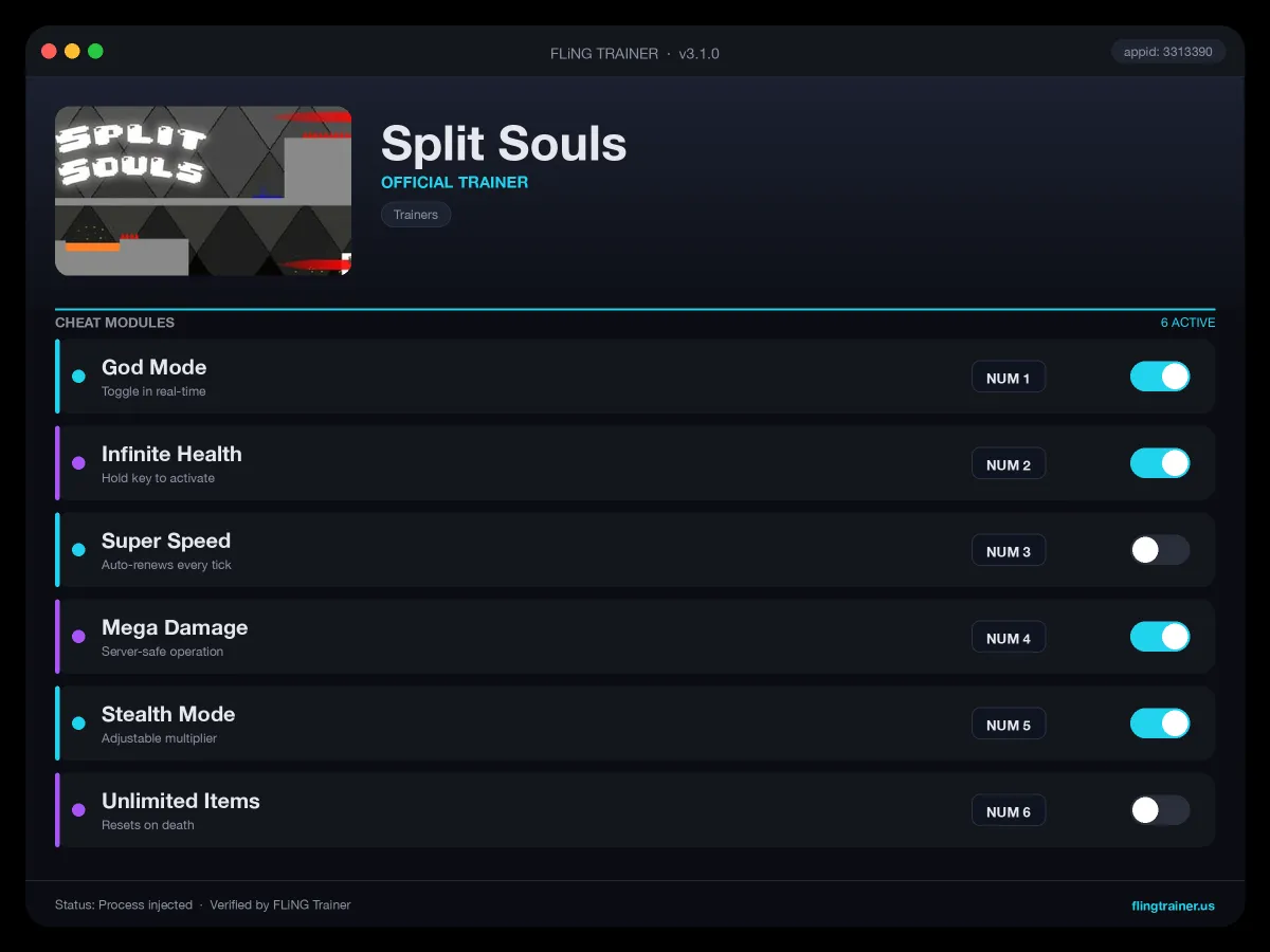 Split Souls Trainer interface