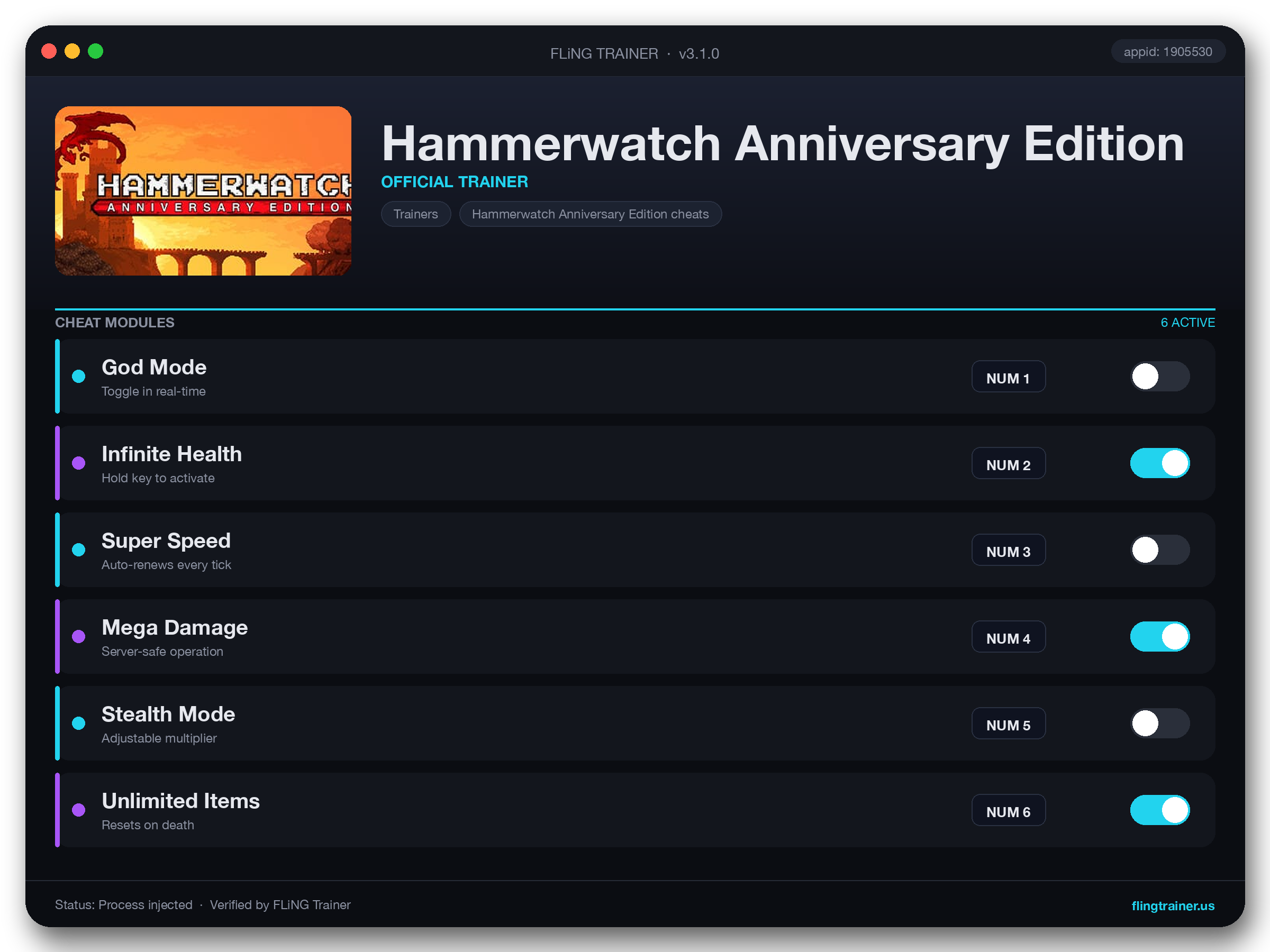 Hammerwatch Anniversary Edition Trainer interface