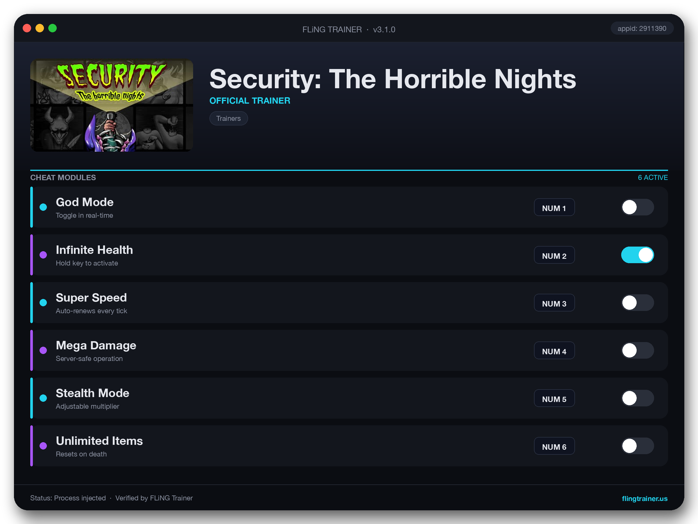 Security: The Horrible Nights Trainer interface