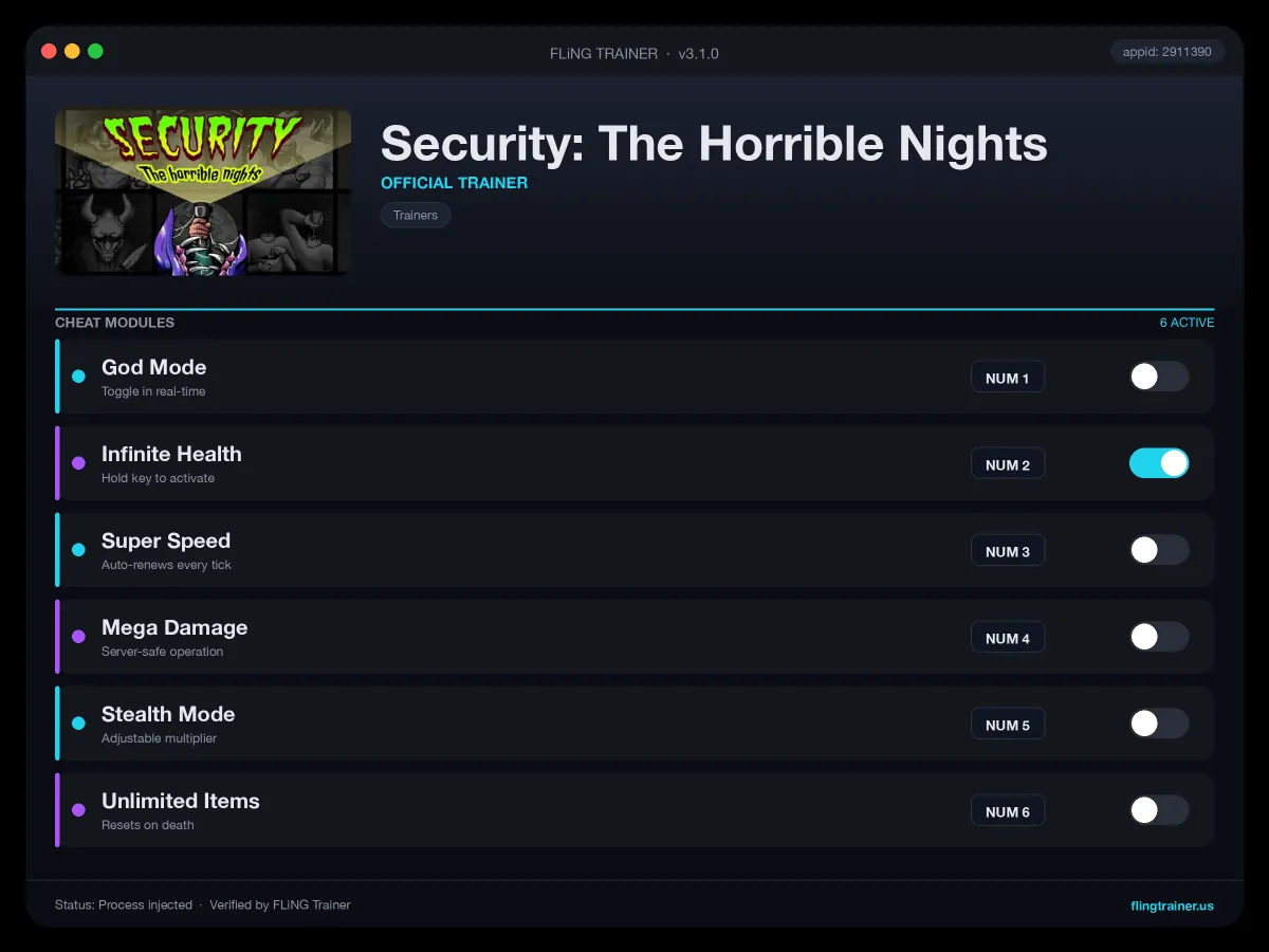 Security: The Horrible Nights Trainer interface