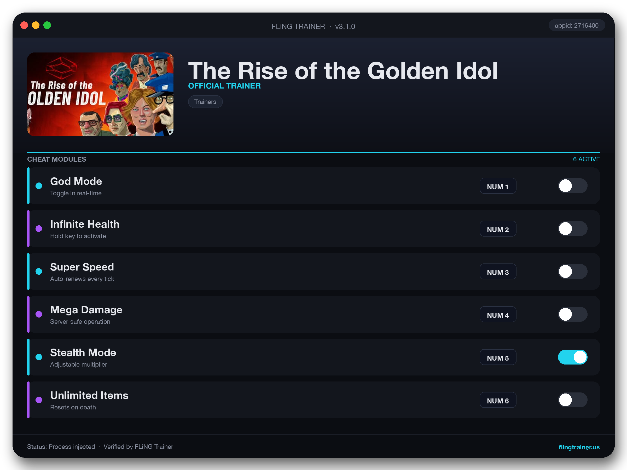 The Rise of the Golden Idol Trainer interface