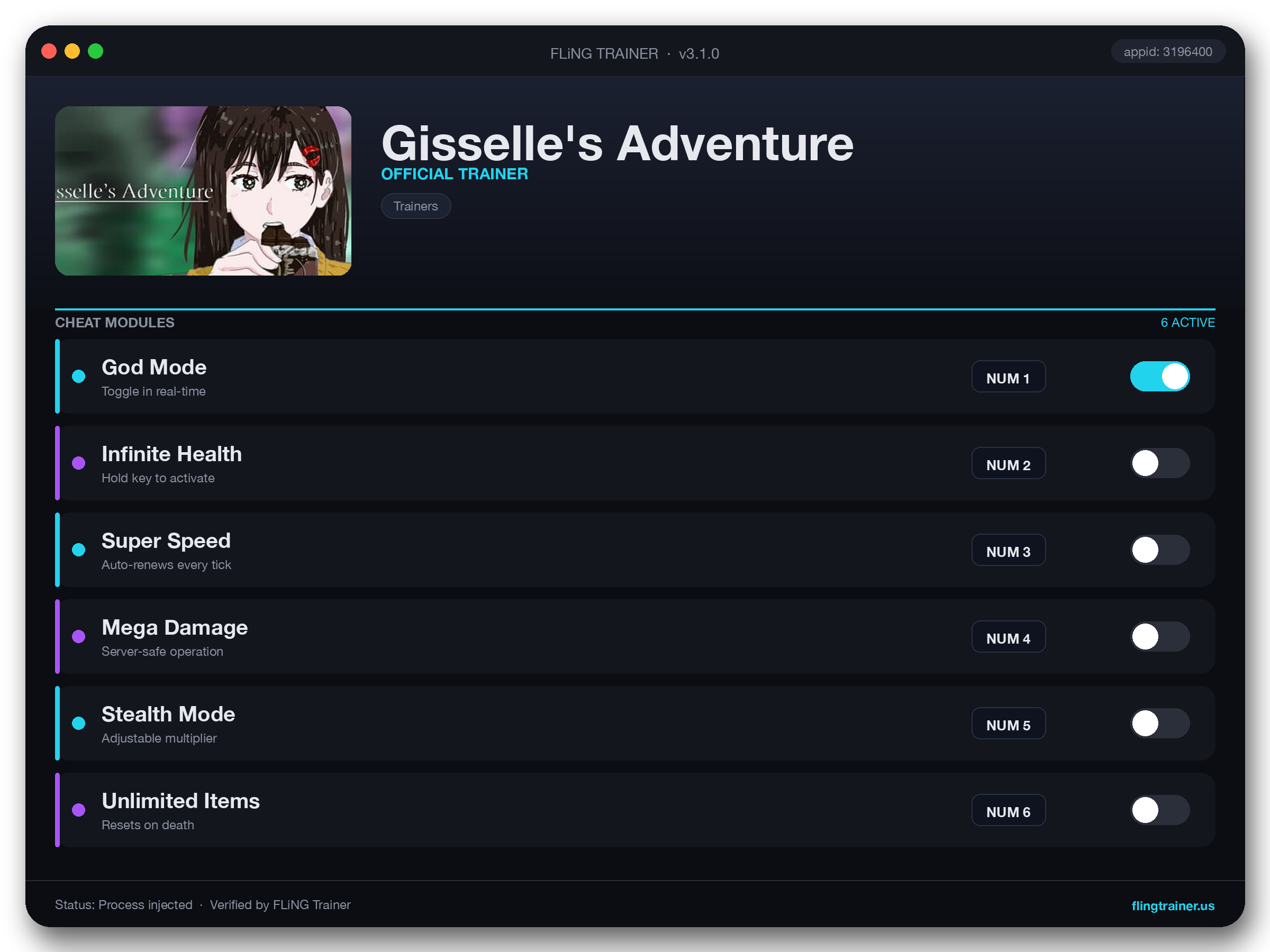Gisselle's Adventure Trainer interface