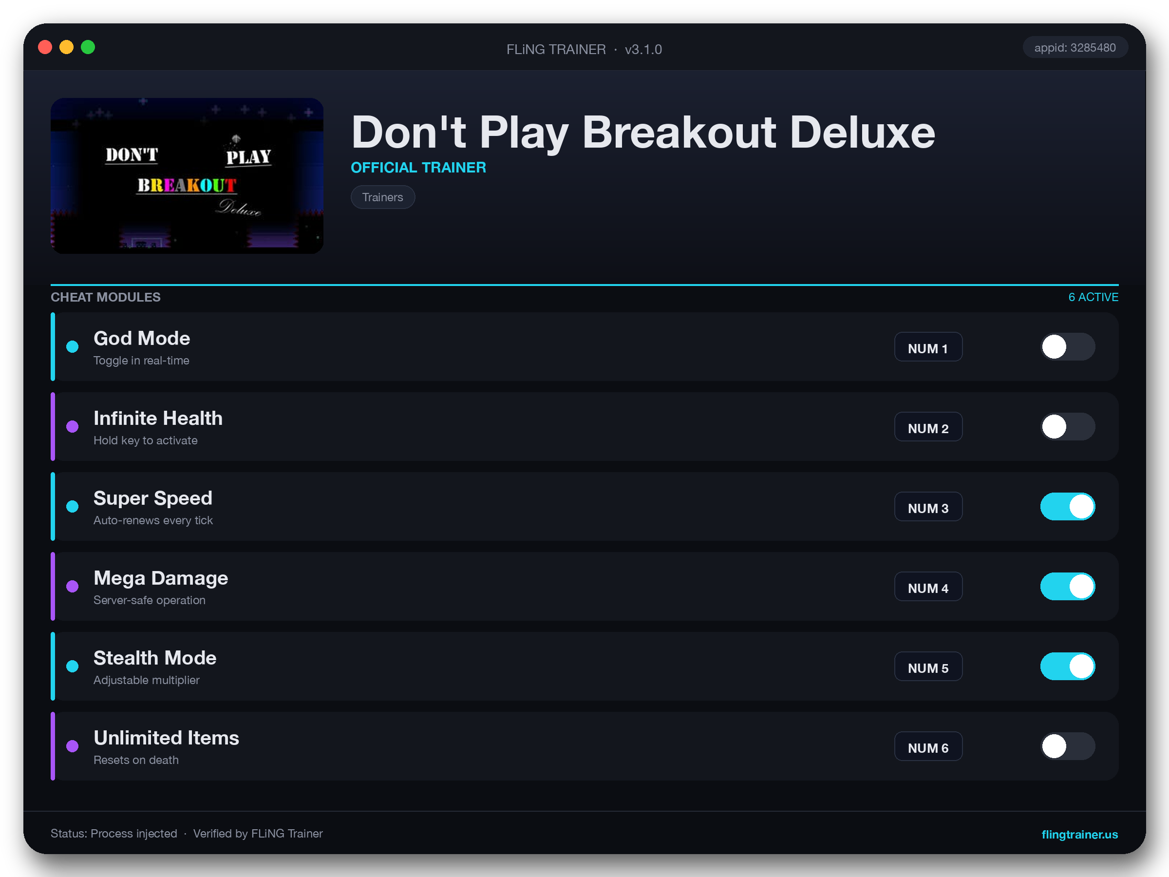 Don't Play Breakout Deluxe Trainer interface