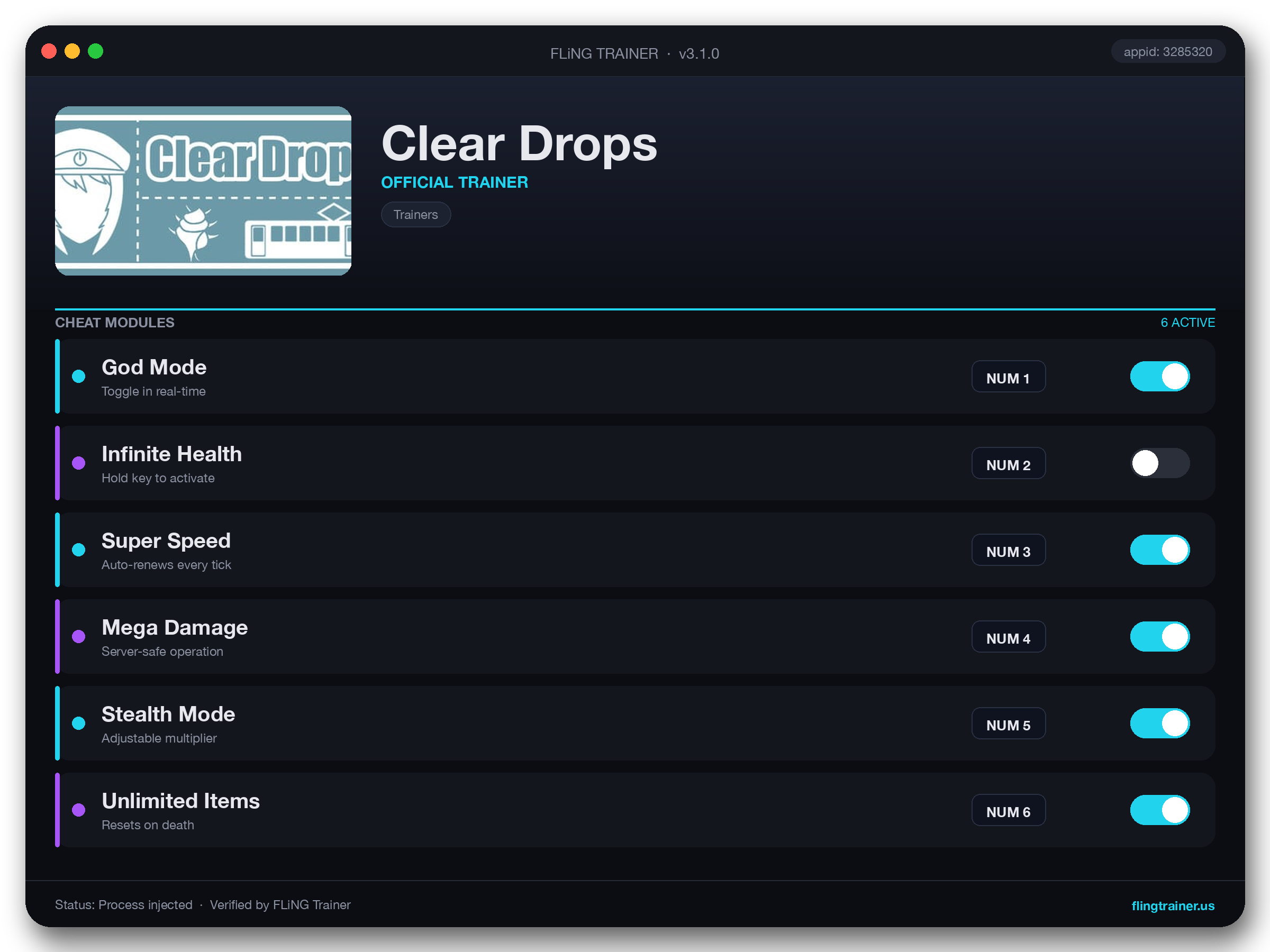 Clear Drops Trainer interface