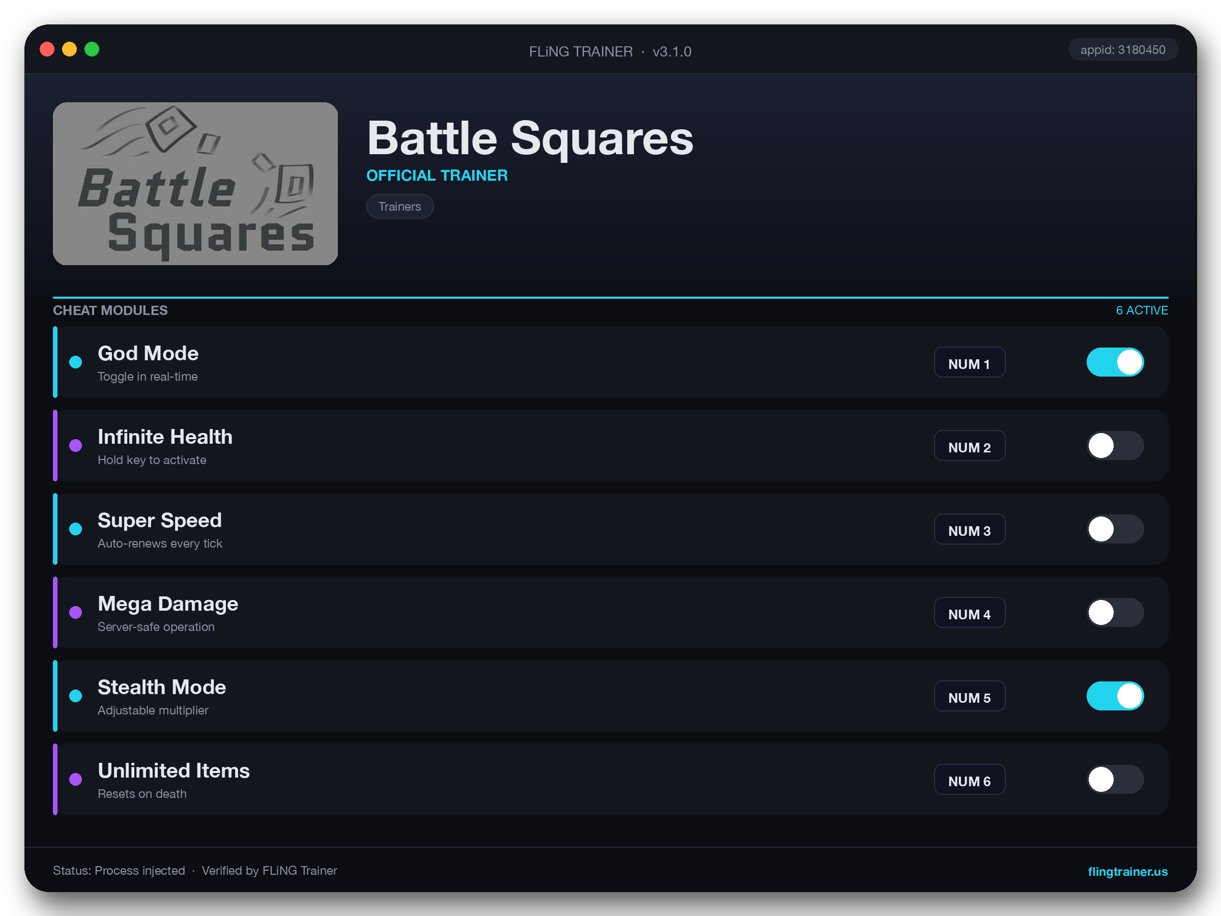 Battle Squares Trainer interface