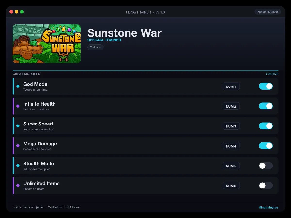 Sunstone War Trainer interface