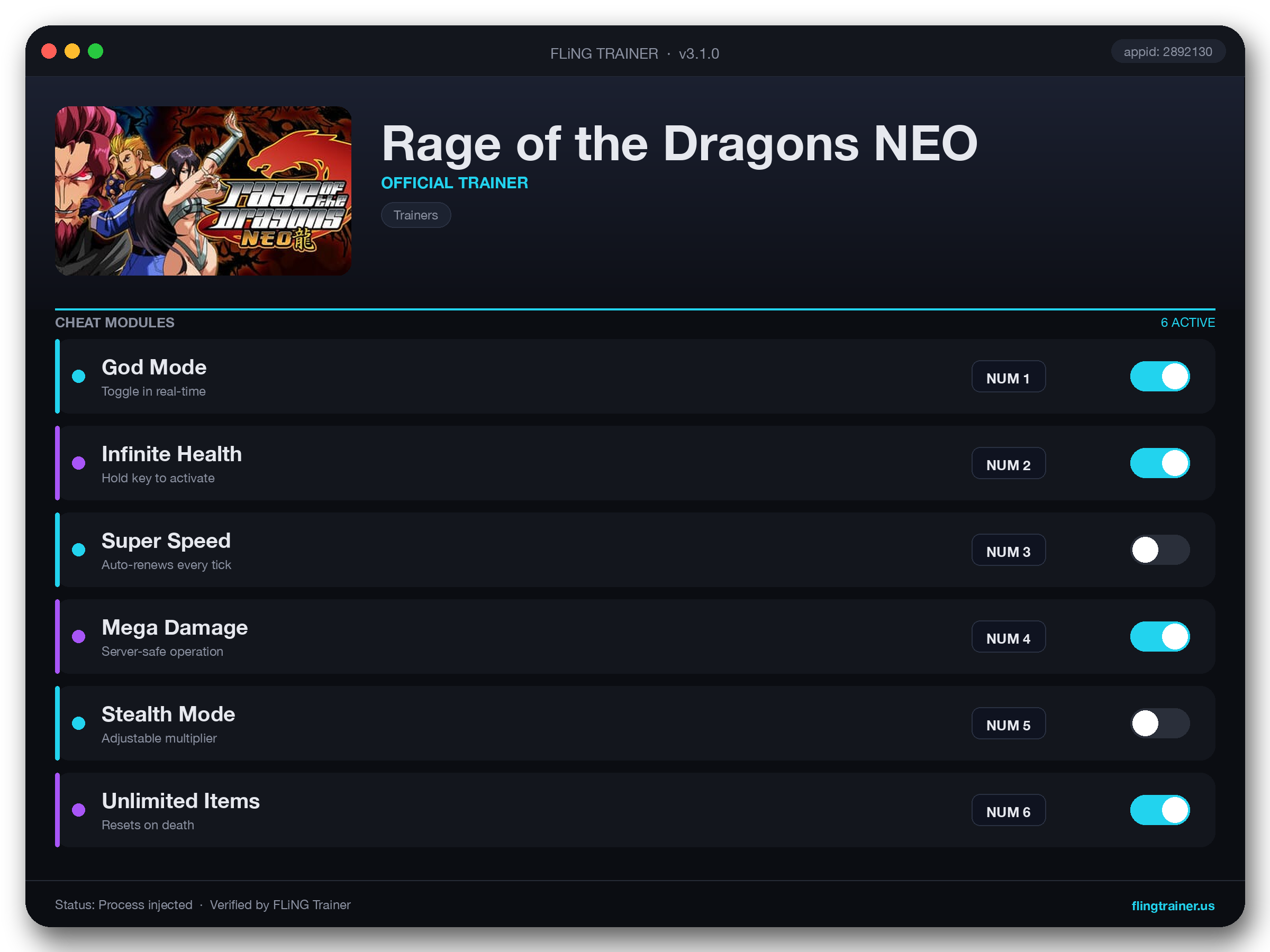 Rage of the Dragons NEO Trainer interface
