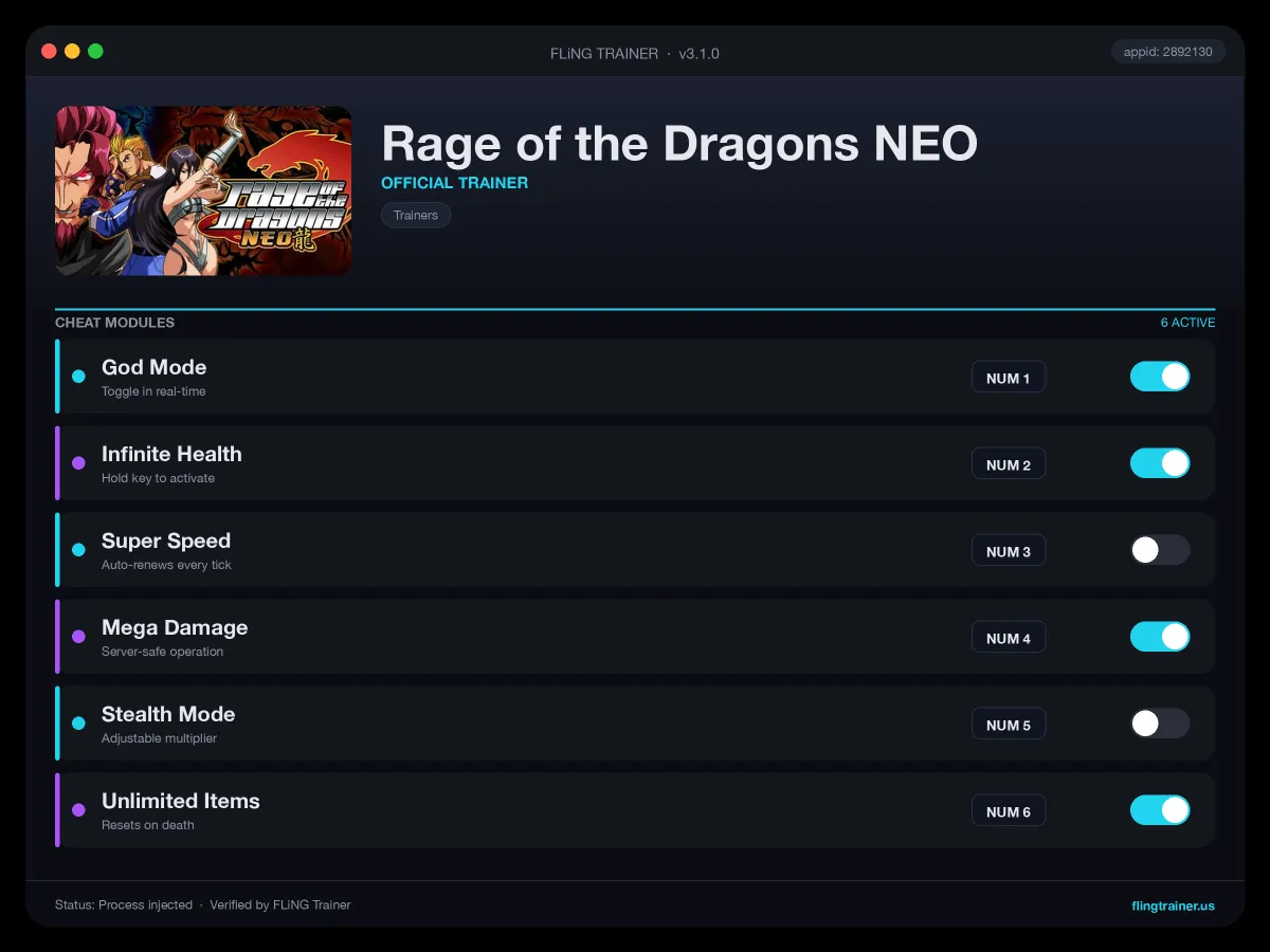 Rage of the Dragons NEO Trainer interface